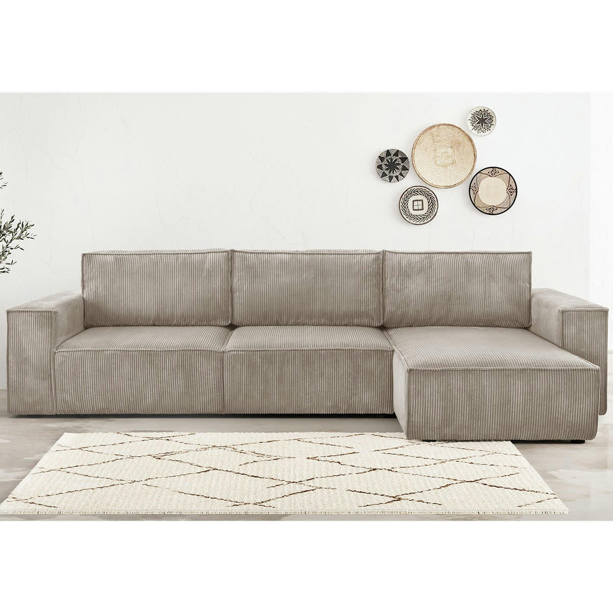 HARPER NEW - Canapé d'angle 5 places convertible + coffre, velours côtelé taupe