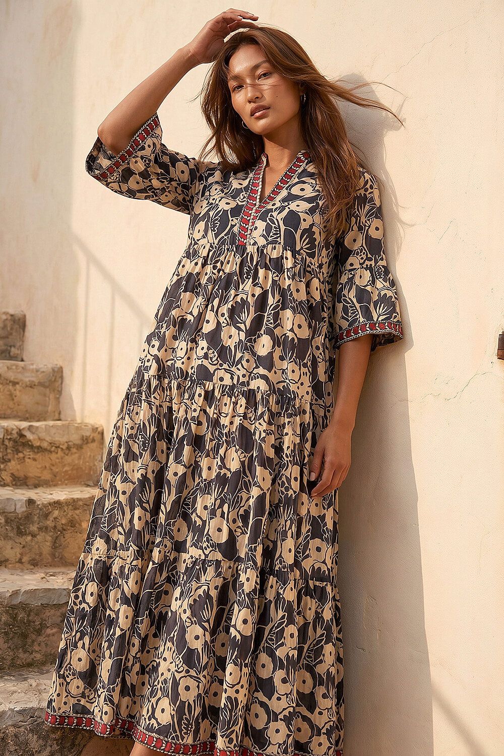 Roman Floral Print Border Maxi Dress