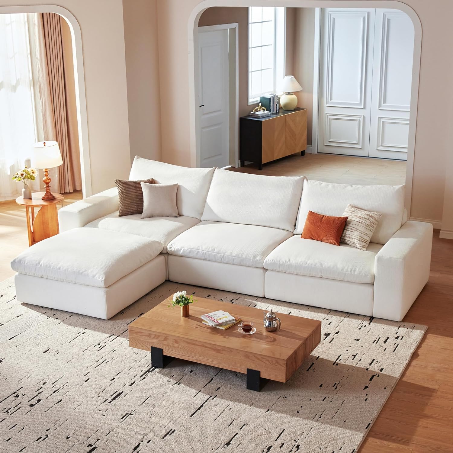 Cloud Couch Sectional 113.8'' Oversized Modular Deep Seat Sofa L Shaped Comfy White Cloud Couch with Washable Cover for Living Room 3 Seater with 1 Ottoman