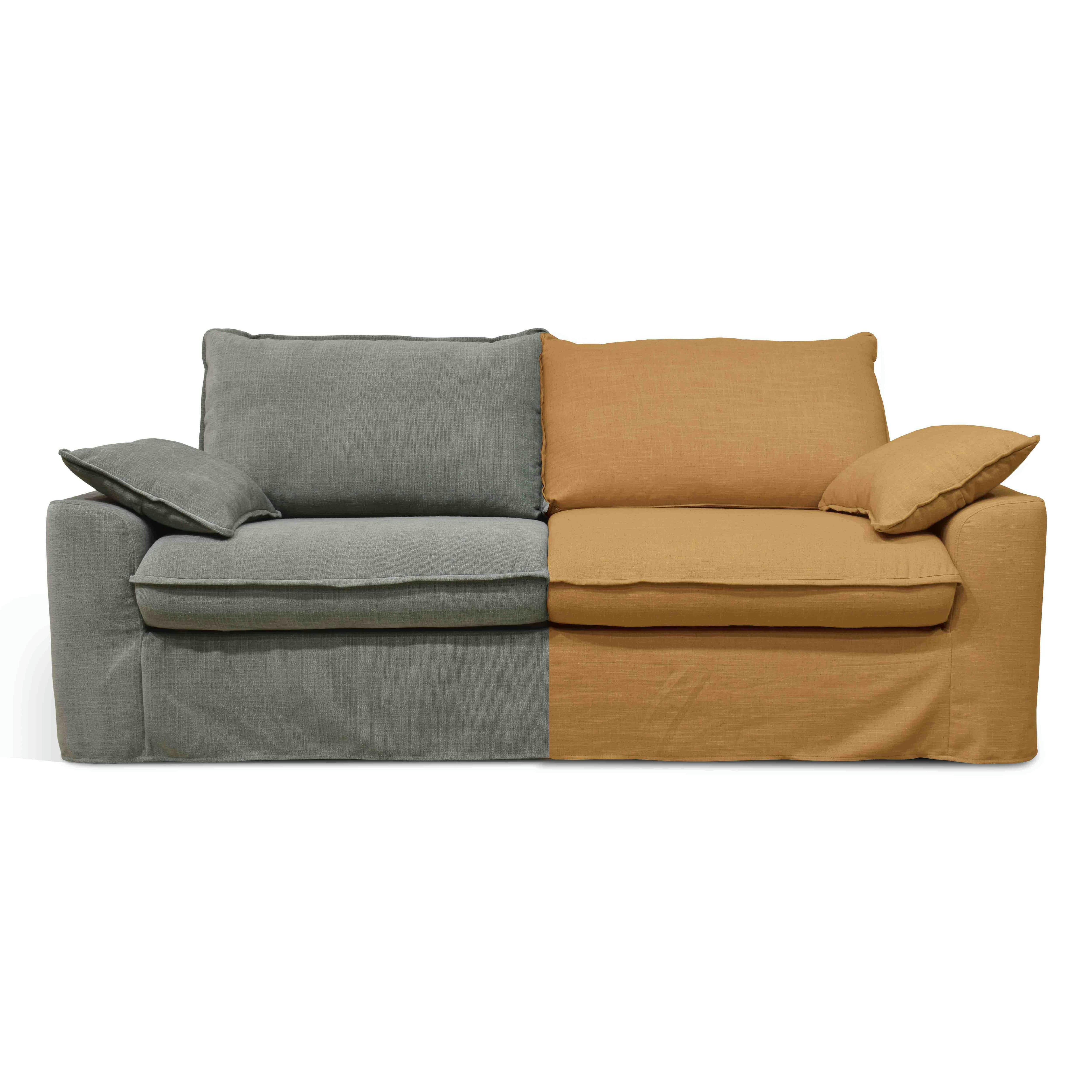 JAROD - Canapé tissu vert gris avec une housse supplémentaire lin ocre