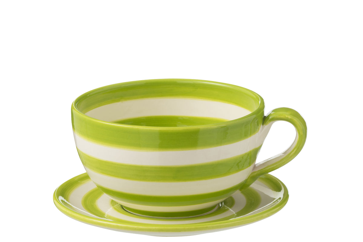 J-Line kopje   schoteltje Granada Stripes - keramiek - wit/groen