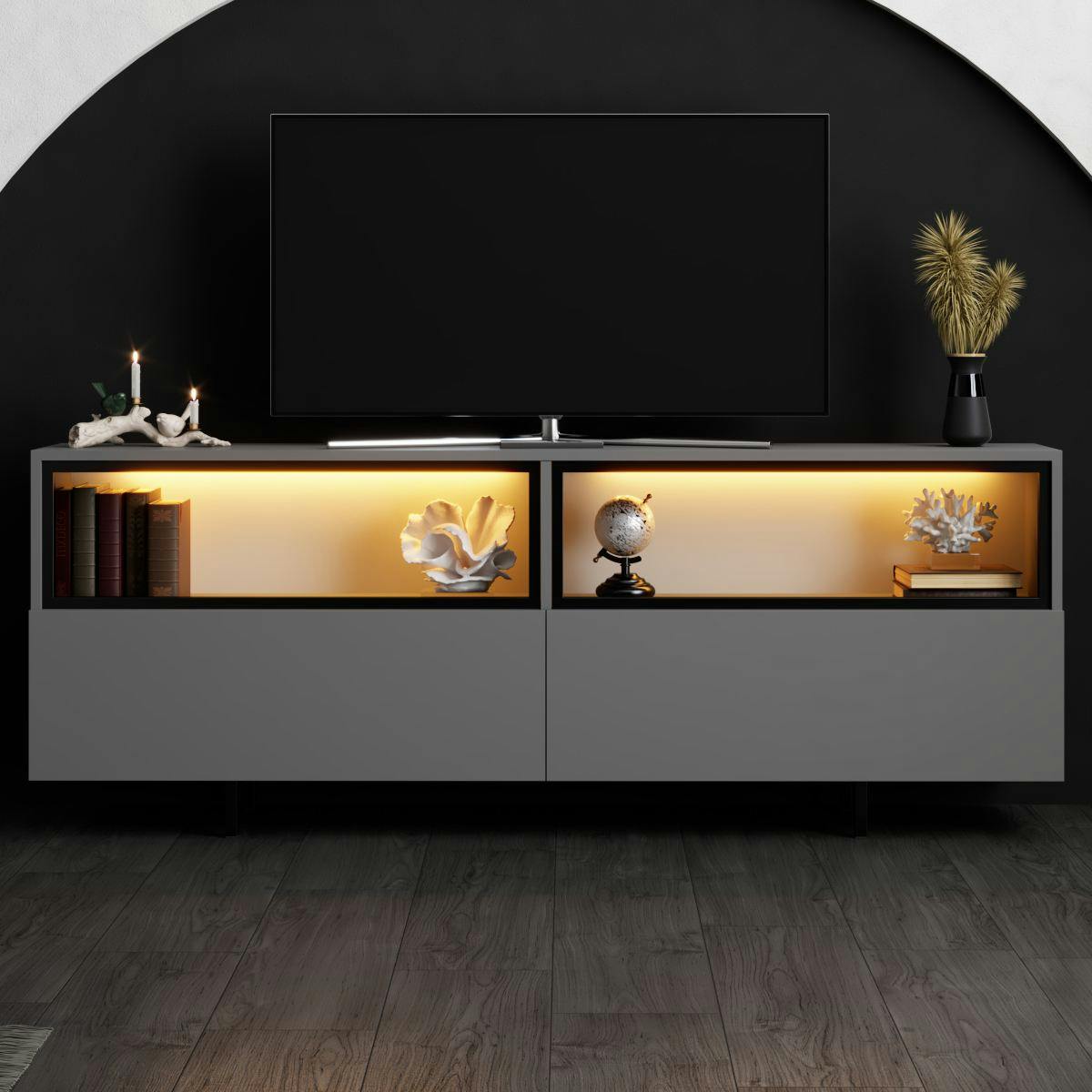 Meuble TV gris foncé 2 portes 2 niches hautes LED AURA