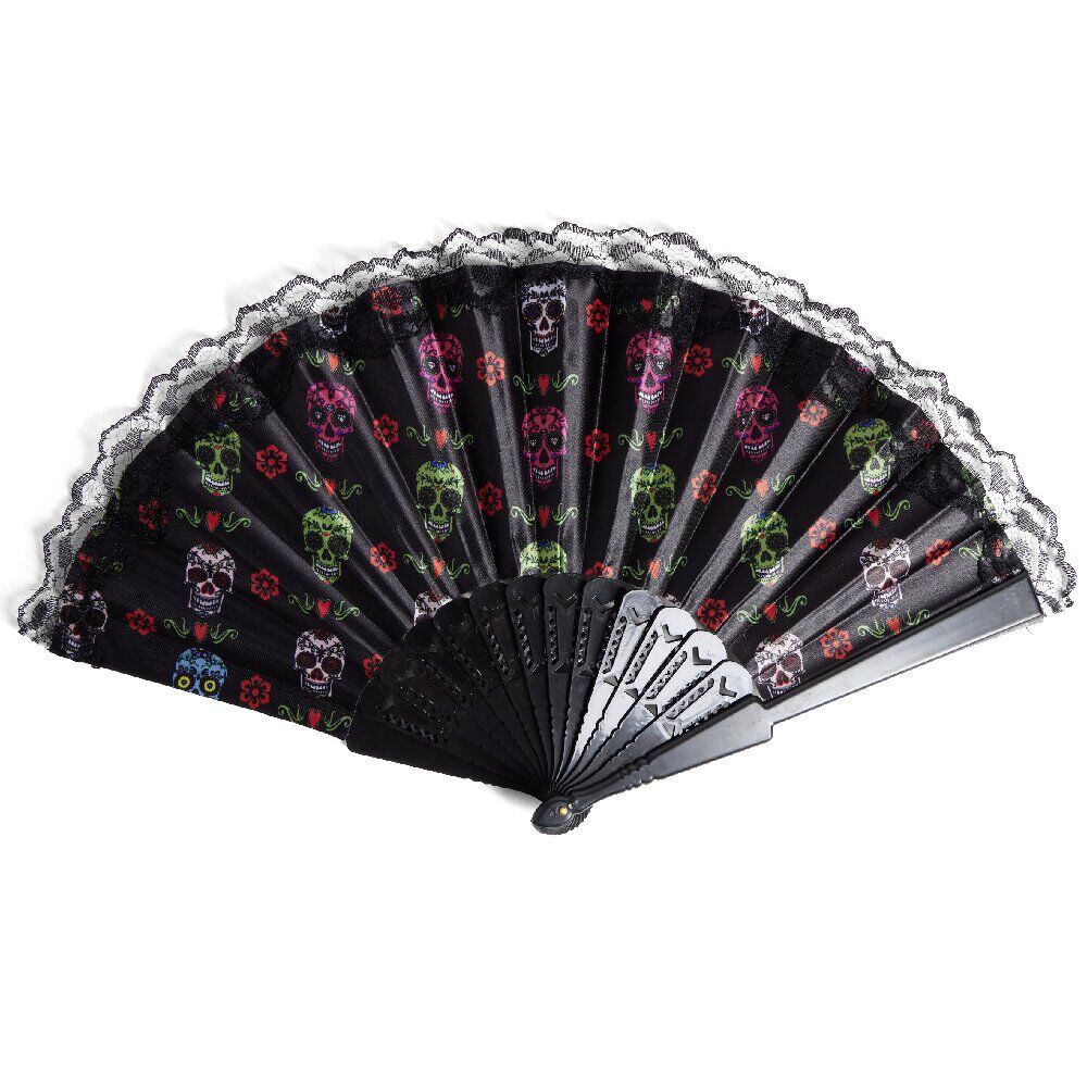 éventail Halloween pliant tête de mort mexicaine 43x23cm
