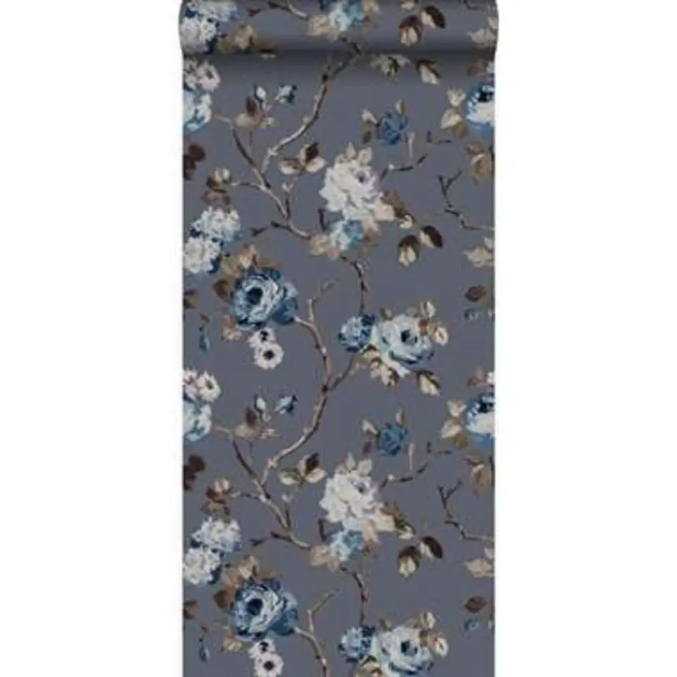 Origin behang - bloemen - vintage blauw en taupe - 53 cm x 10,05 m