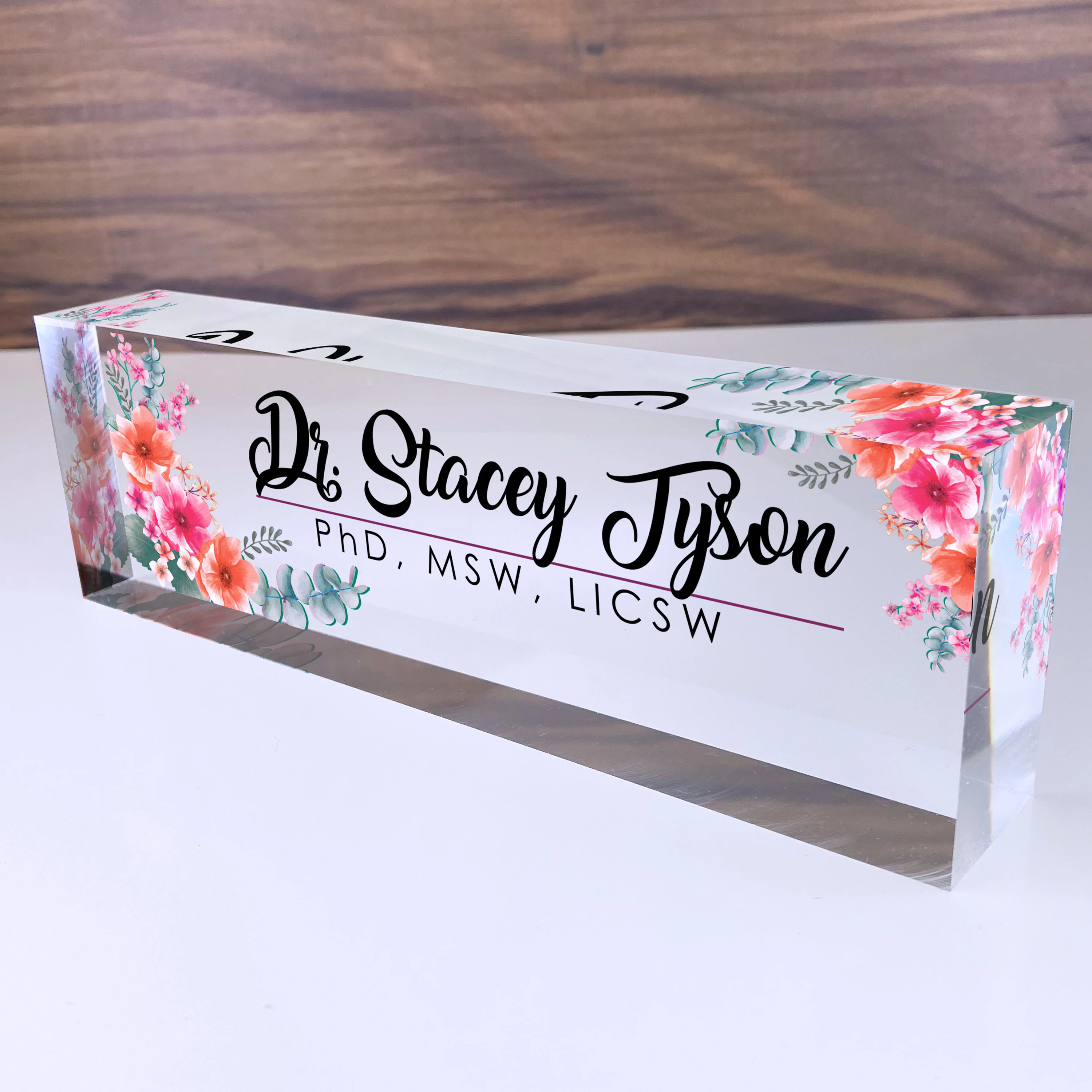 Personalized Name Plate for Desk | Flowers Wild Design On Clear Acrylic Glass | Custom Office Decor Nameplate Sign | Personalized Gift