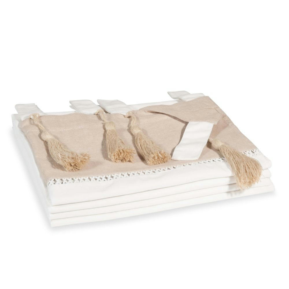 - Rideau en coton blanc et beige avec pompons 150x250