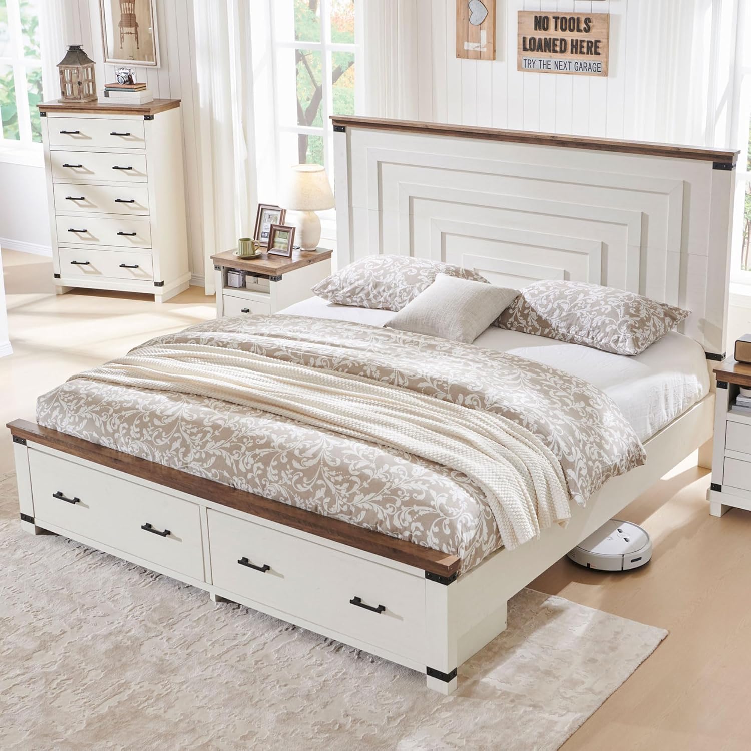 T4TREAM Farmhouse Queen Size Bed Frame with 54 Tall Geometric Headboard & 2 Large Storage Drawers, Rustic Wood Platform Bed with Wood Slats Support, No Box Spring Needed, Antique White
