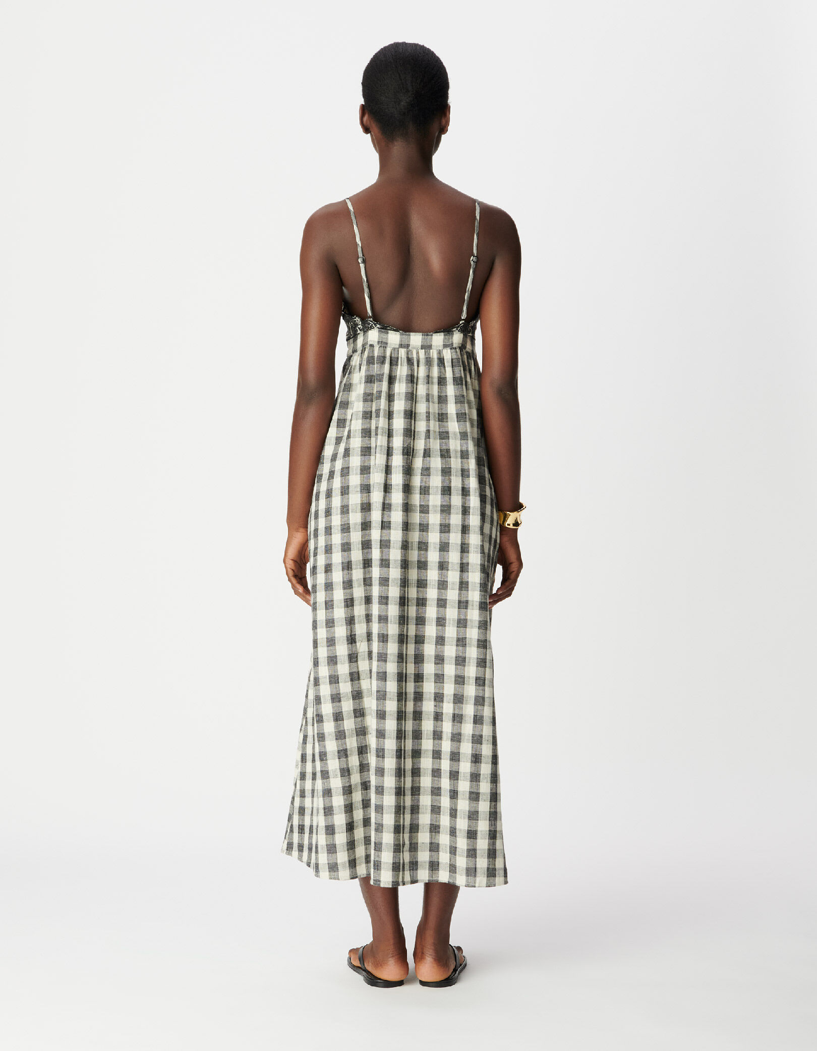 Robe longue écrue motif carreaux et broderies Femme