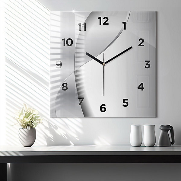 Horloge murale Wallfluent 60x60 cm Avec chiffres Aiguilles noires Abstraction argentée 1 pcs