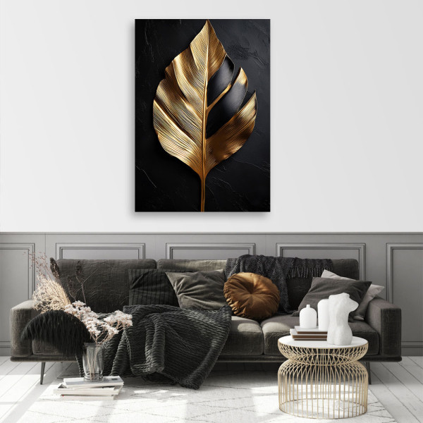 Feeby Obraz na płótnie, Liść Palmy Czarno Złoty 40x60