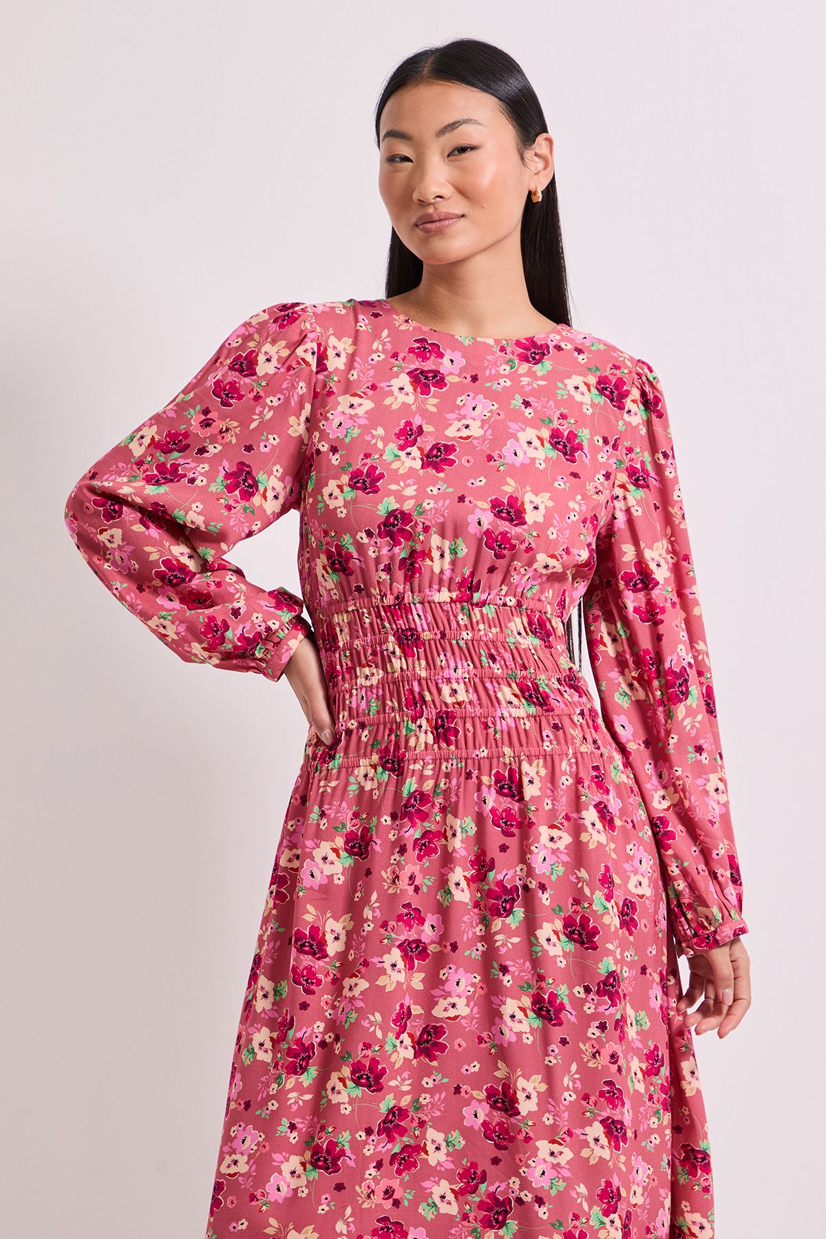 Dorothy Perkins Petite Shirred Dropped Waist Detail Printed Midi Dress