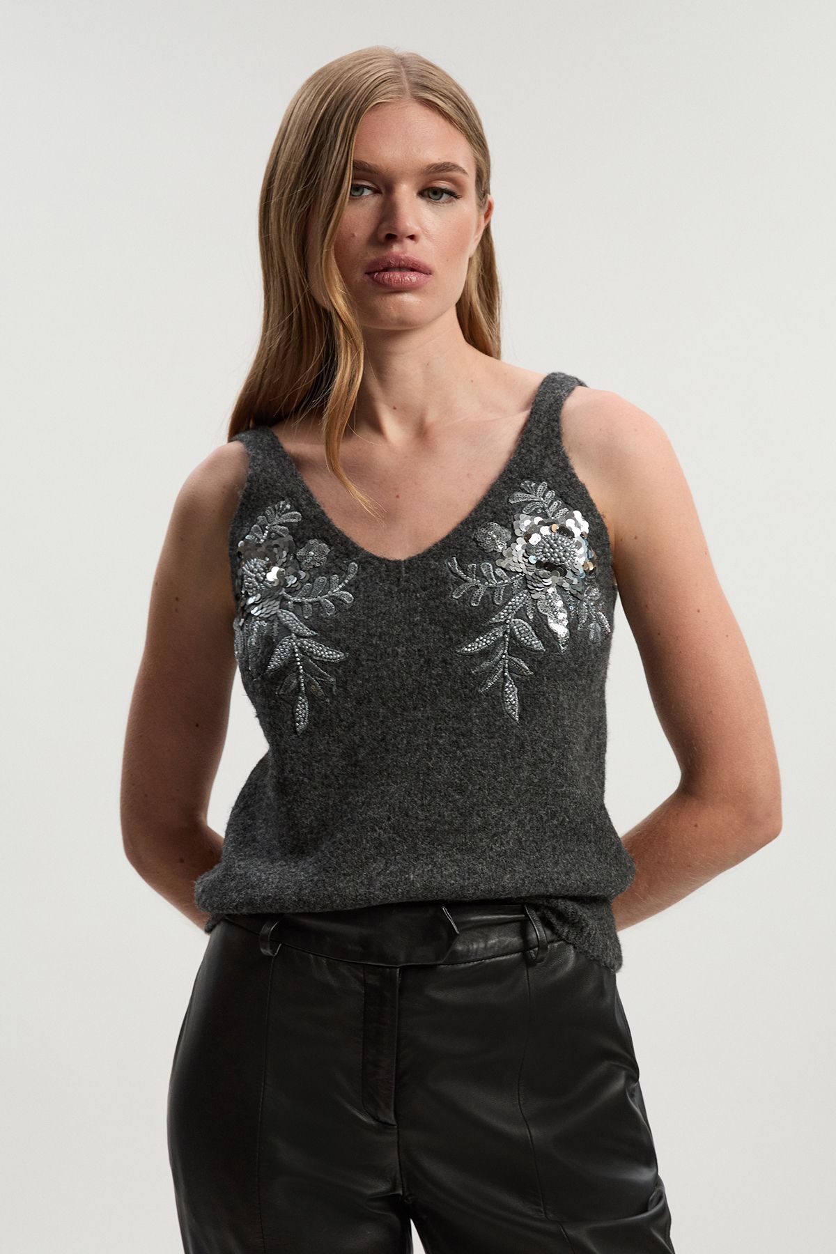 KarenMillen Archive Floral Embellished Cosy Wool Blend Camisole Top
