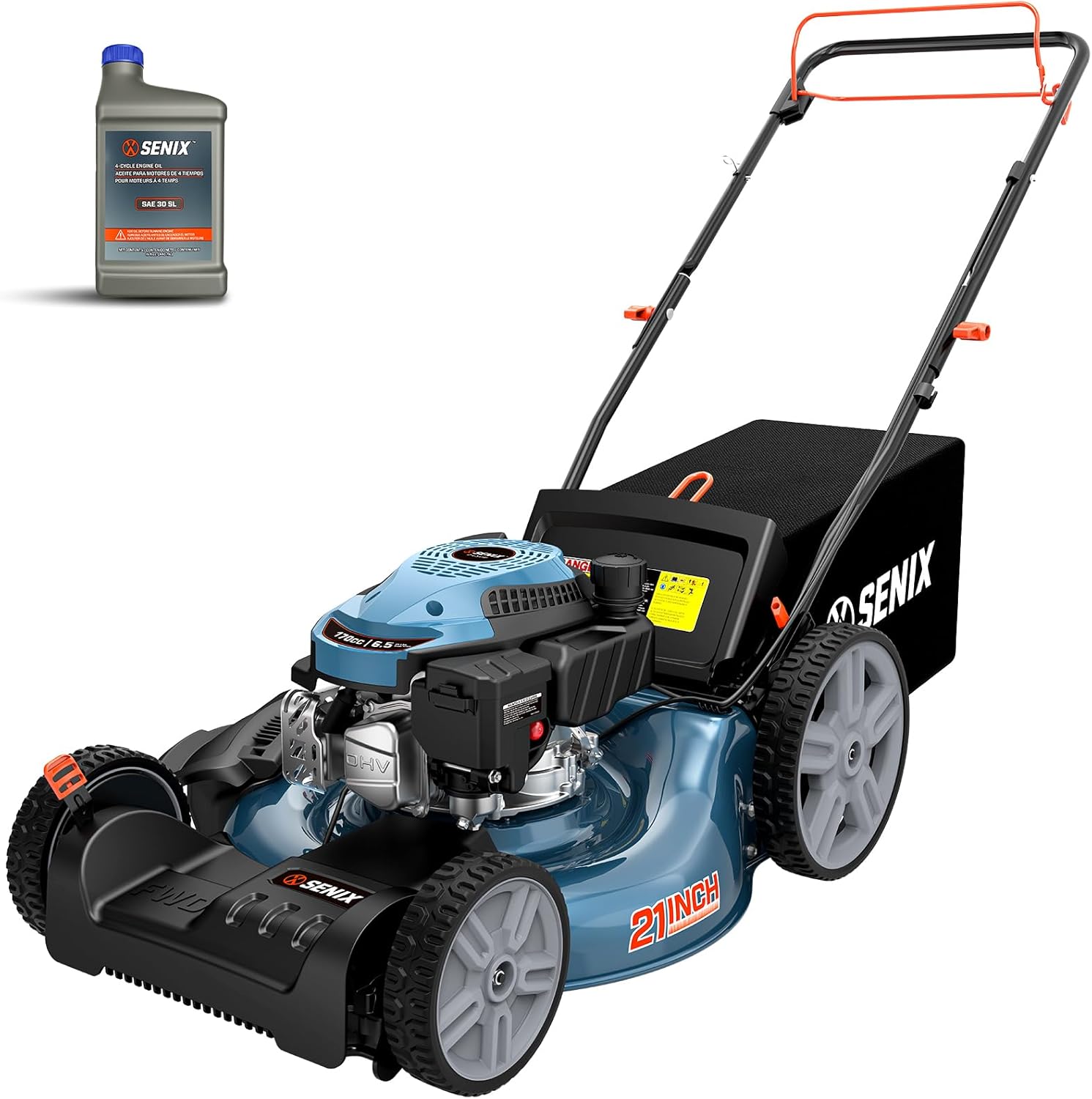 SENIX 21'' Self-Propelled Gas Lawn Mower (FWD)  170 cc 4-Cycle Engine 3.8 HP  3-in-1 (Bagging/Mulching/Side Discharge)  6-Position Cutting Height Adjustment  1.7 Bushels Grass Bag