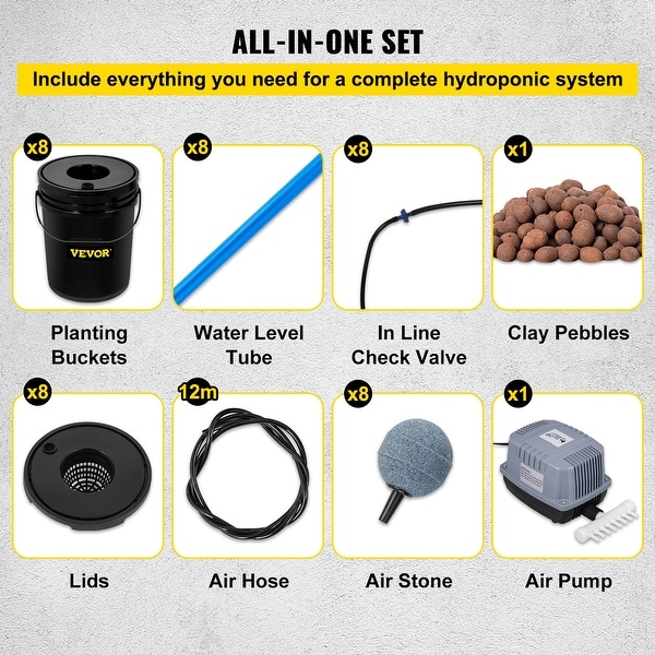 VEVOR DWC Hydroponic System 5 Gallon 4-8 Buckets Deep Water Culture Growing Bucket Hydroponics Grow Kit