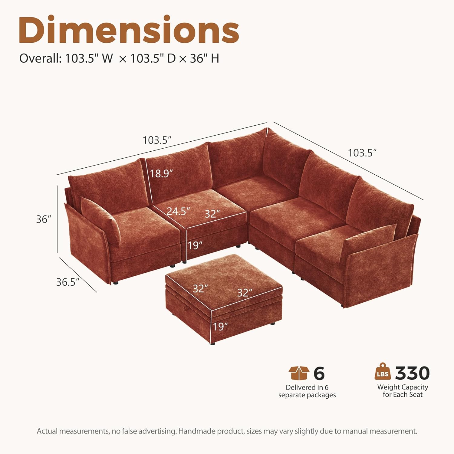 ABCASA 103.5 Oversized Modular Sectional Sofa, L Shaped Convertible Couch with Movable Ottoman, Large 6 Seat Corner Couches for Living Room Deep Seat- Terracotta Orange Chenille