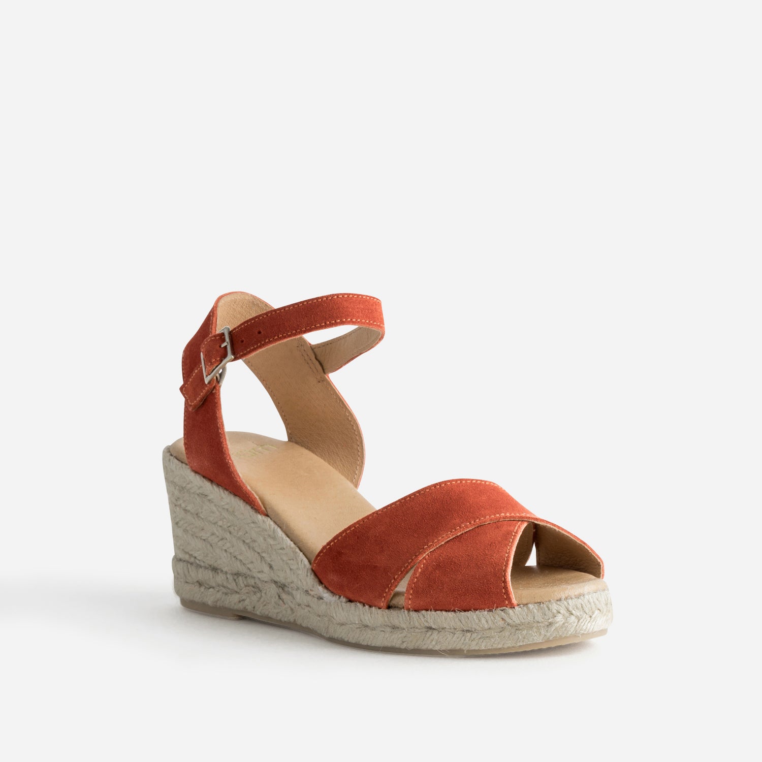 Sandale compensée orange cuir velours