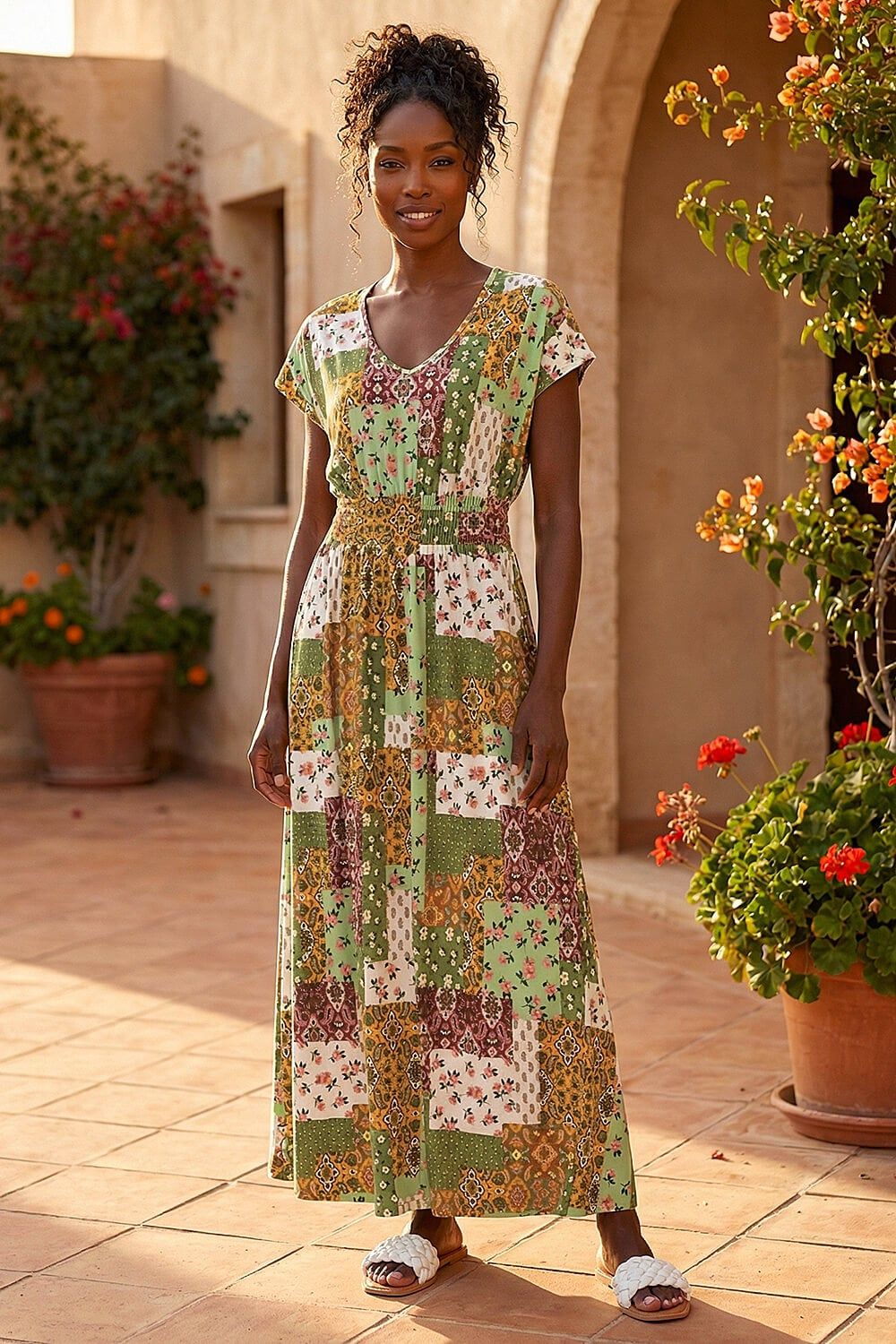 Roman Stretch Patchwork Shirred Maxi Dress
