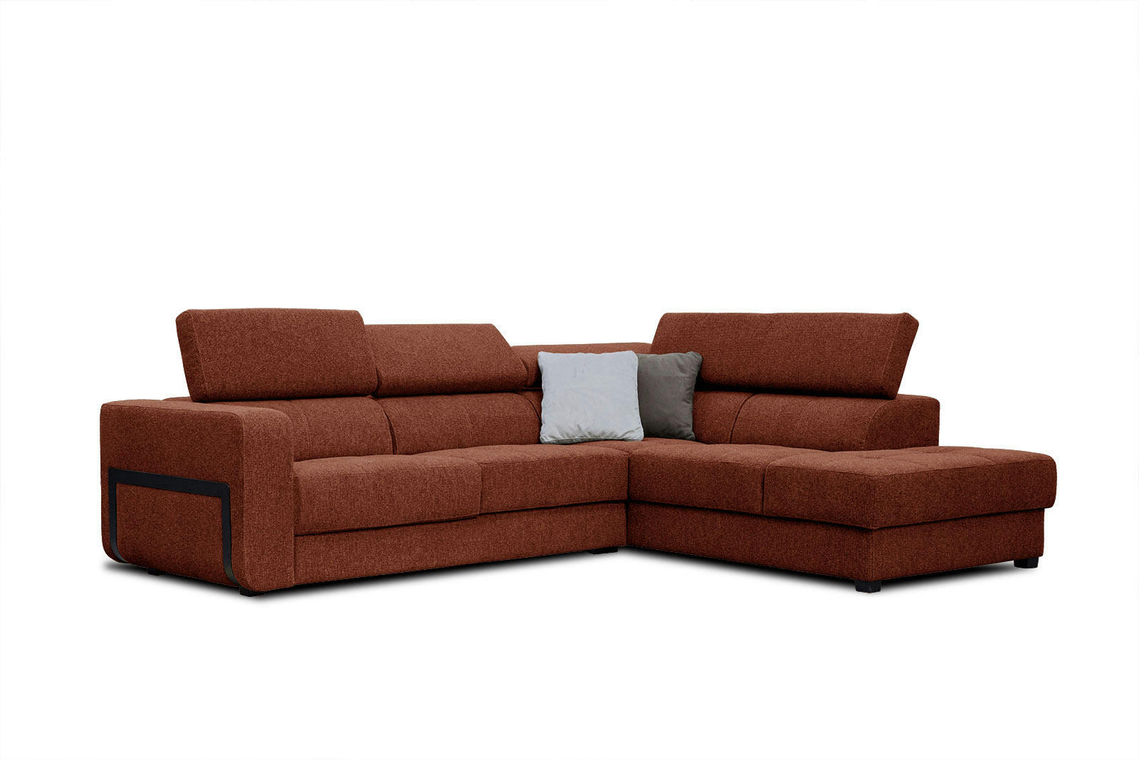 BERGO - Canapé d'angle droit 5 places en tissu brique avec coussins déco