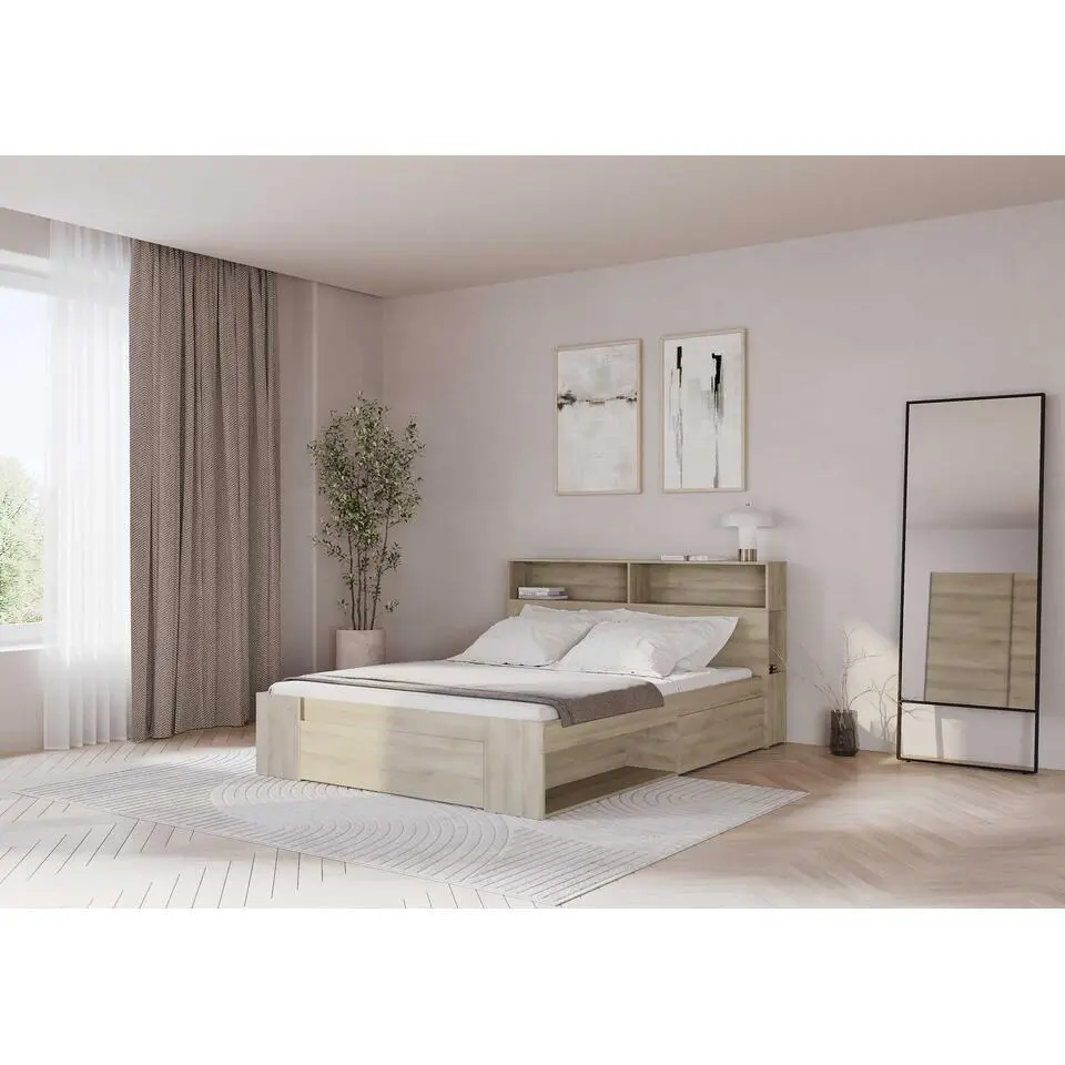 Tweepersoonsbed Maksim - 140x190/200cm - met opbergruimte - eikdecor
