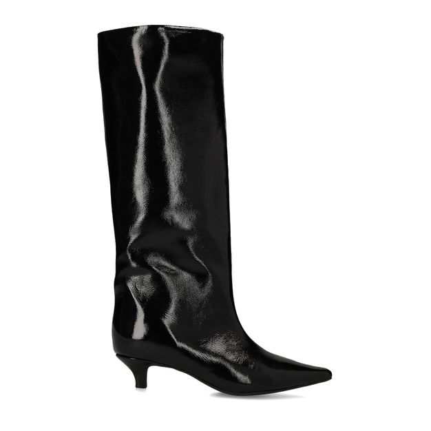 Zwarte hoge lakleren laarzen met kitten heel