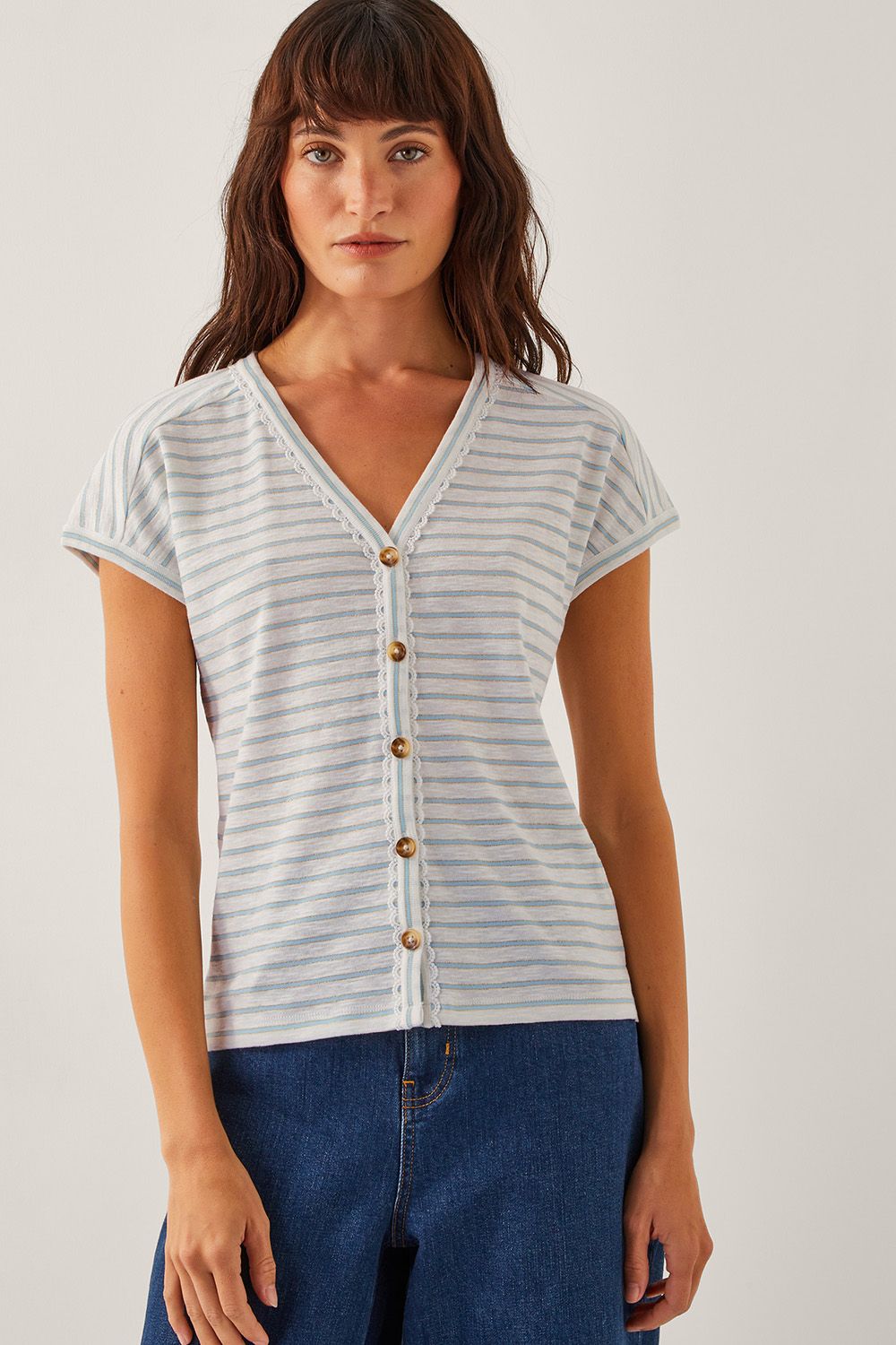Monsoon Sasha Button Stripe T-Shirt Ivory