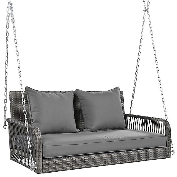 Balancelle de jardin 2 places en polyrattan gris avec coussins déhoussables
