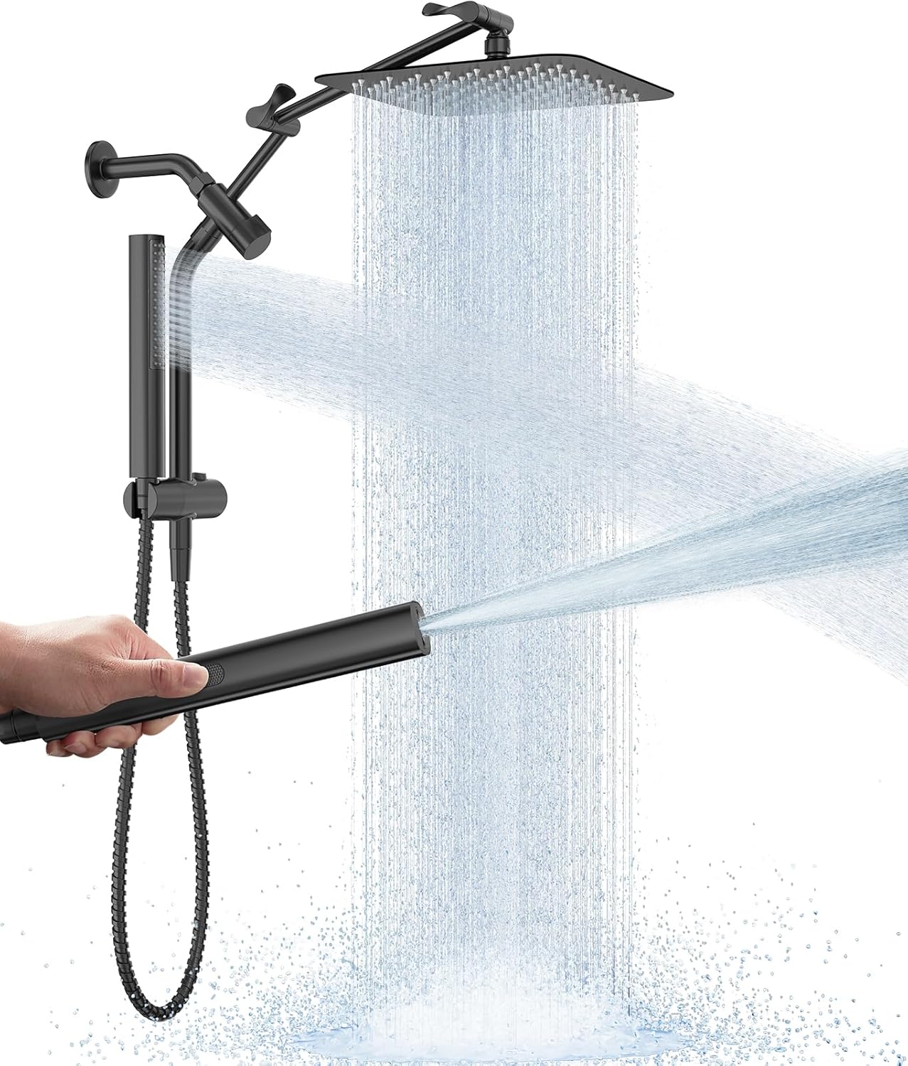 Veken All Metal 10 Black Shower Head with Handheld, Luxurious Square Double Rain Shower Heads with Power Wash Hand Held,Dual High Pressure Detachable Rainfall Showerhead with Arm,Bathroom,Matte Black