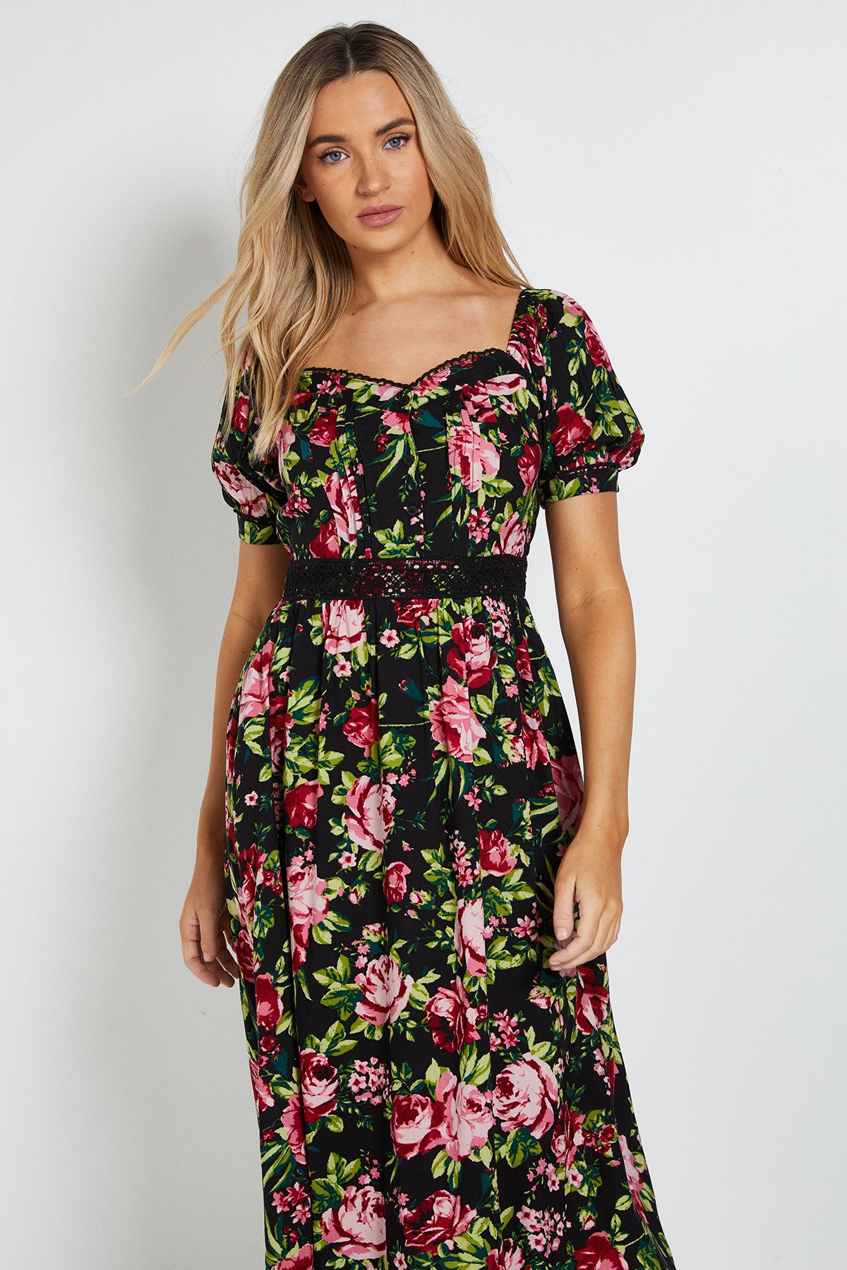 Dorothy Perkins Black Floral Lace Trim Pleat Bodice Puff Sleeve Midi Dress
