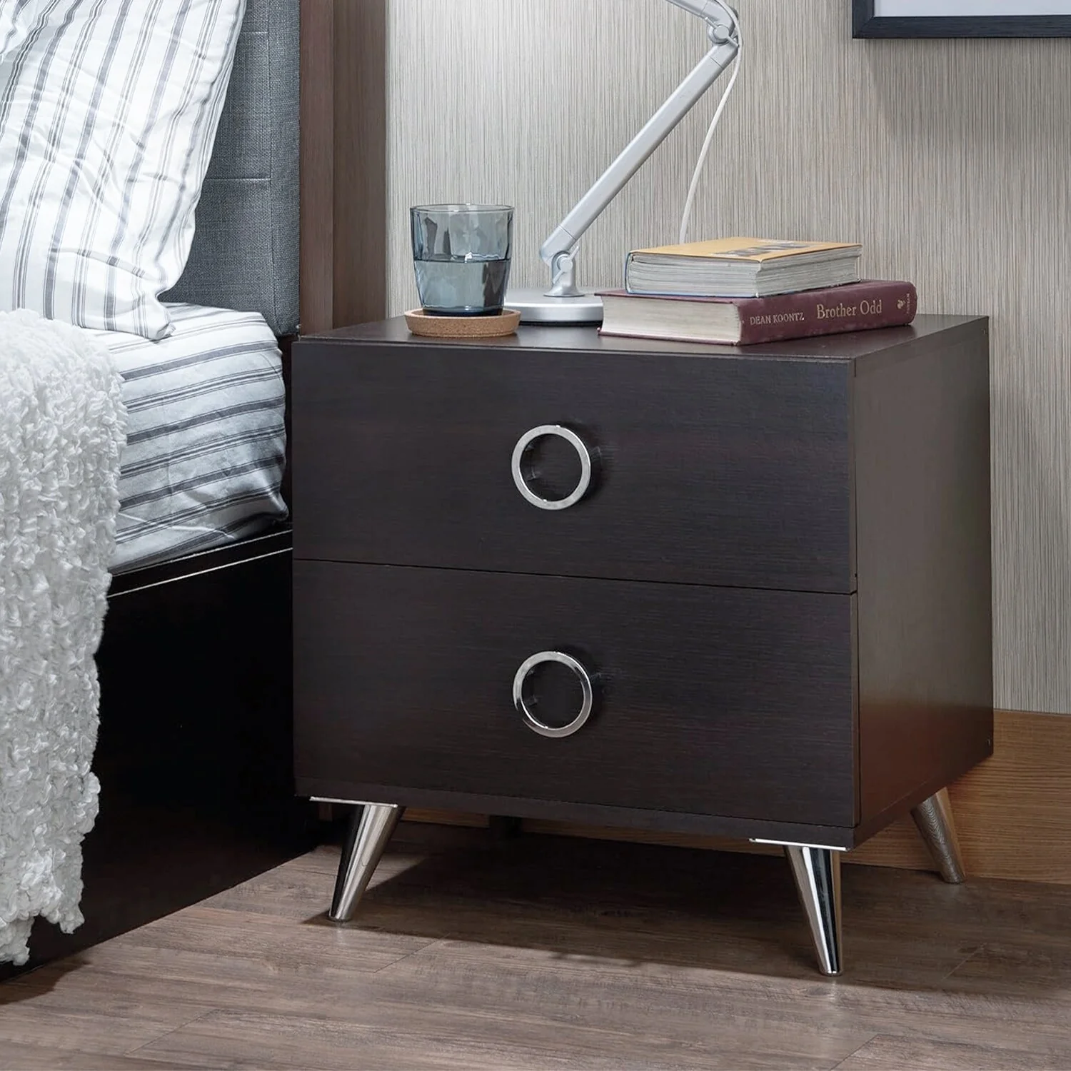 2 Drawers MDF Nightstand with Plastic Legs