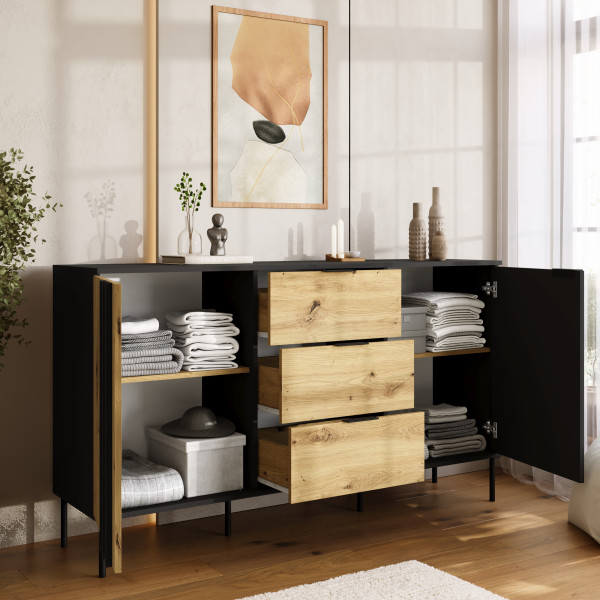 Komoda dwudrzwiowa z szufladami 165 cm RUSTICA czarna