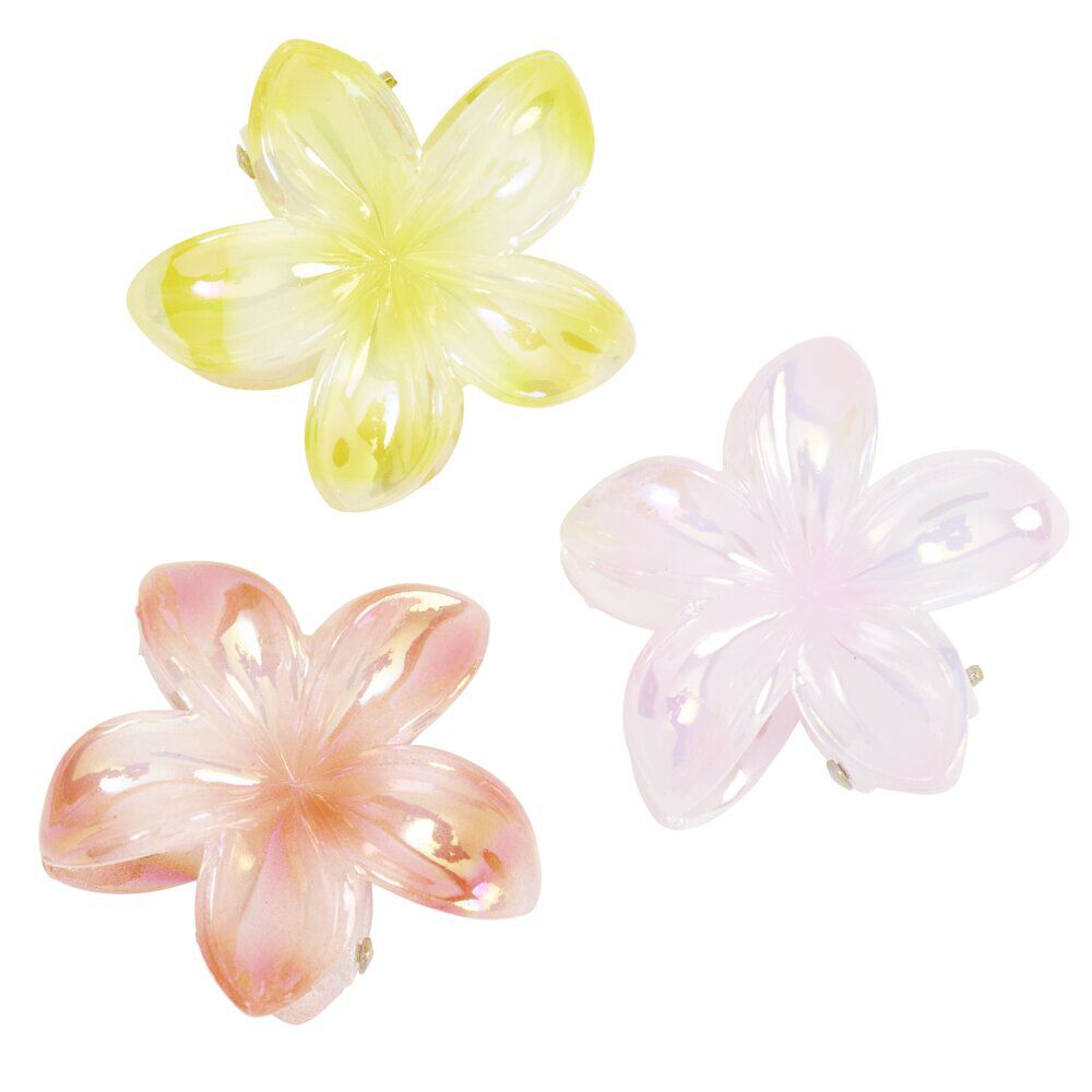 Pince cheveux x3 mini fleur de tiaré nacré plastique jaune rose orange L5cm