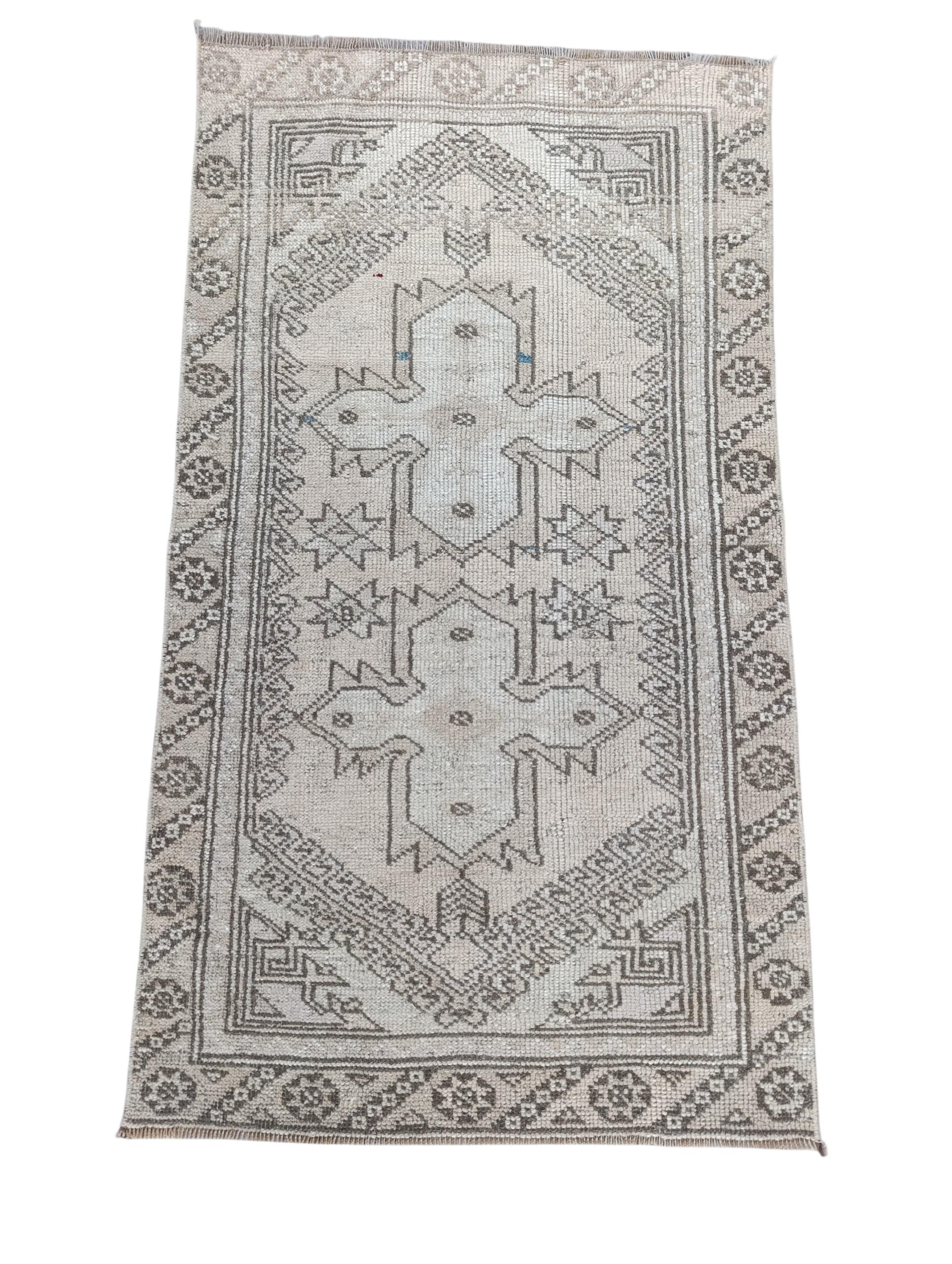 Vintage Turkish Rug 2.2x3.11 FT, Geometric Small Area Rug, Faded Neutral Anatolian Carpet