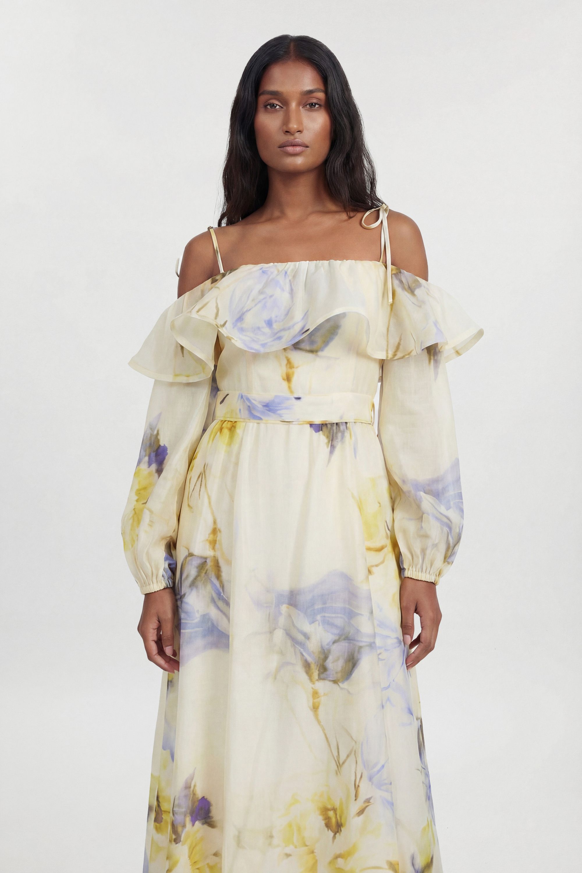 KarenMillen Petite Blue Floral Off The Shoulder Shirred Woven Maxi Dress