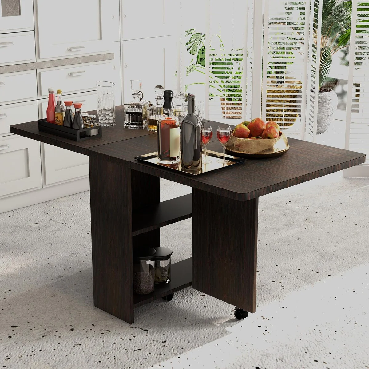 Folding Dining Table with 2 Tier Storage - Walnut