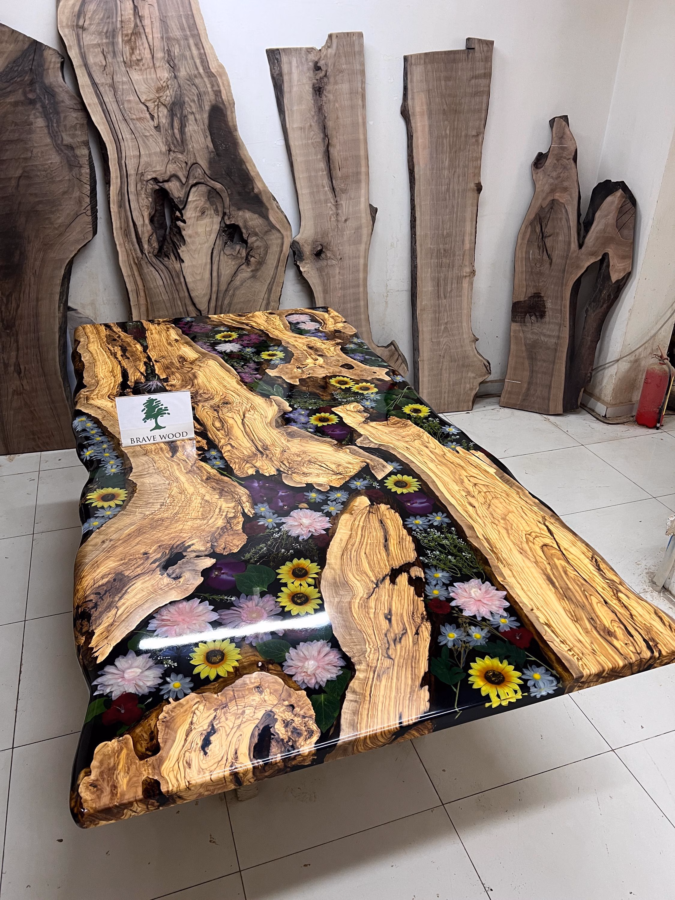 Flower table, Epoxy Olive wood table, Olive table, Kitchen table, Dining room table