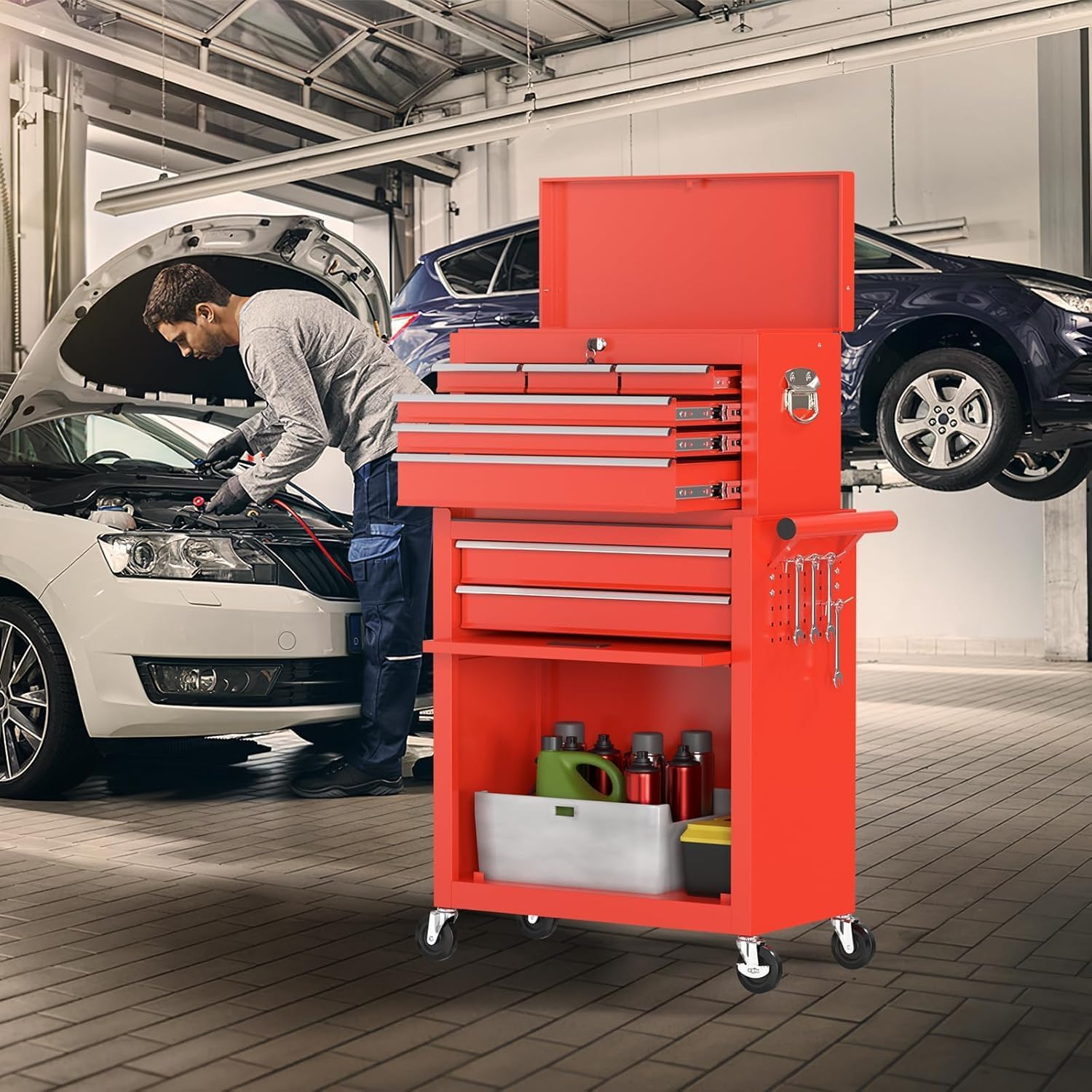 8-Drawer Rolling Tool Chest with Wheels, 2-in-1 Detachable Tool Box with Drawers and Large Cabinet, Rolling Tool Chest Storage Cabinet with Lockable for Warehouse, Garage, Workshop Red