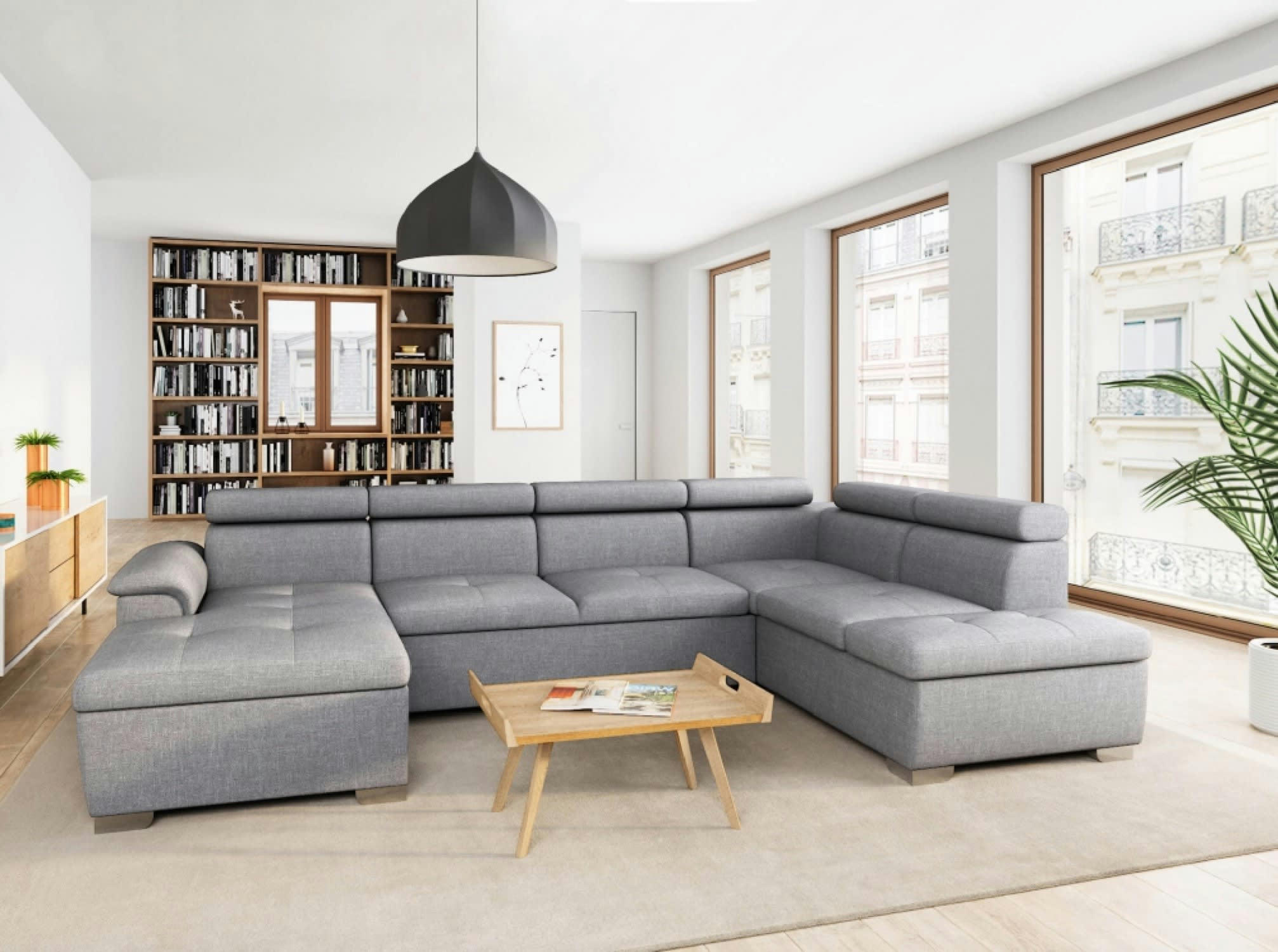 PAOLA - Canapé panoramique convertible avec coffre de rangement en tissu gris