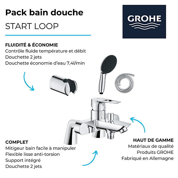 Pack mitigeur bain douche mécanique GROHE Start Loop   douchette ronde2 jets   flexible   support