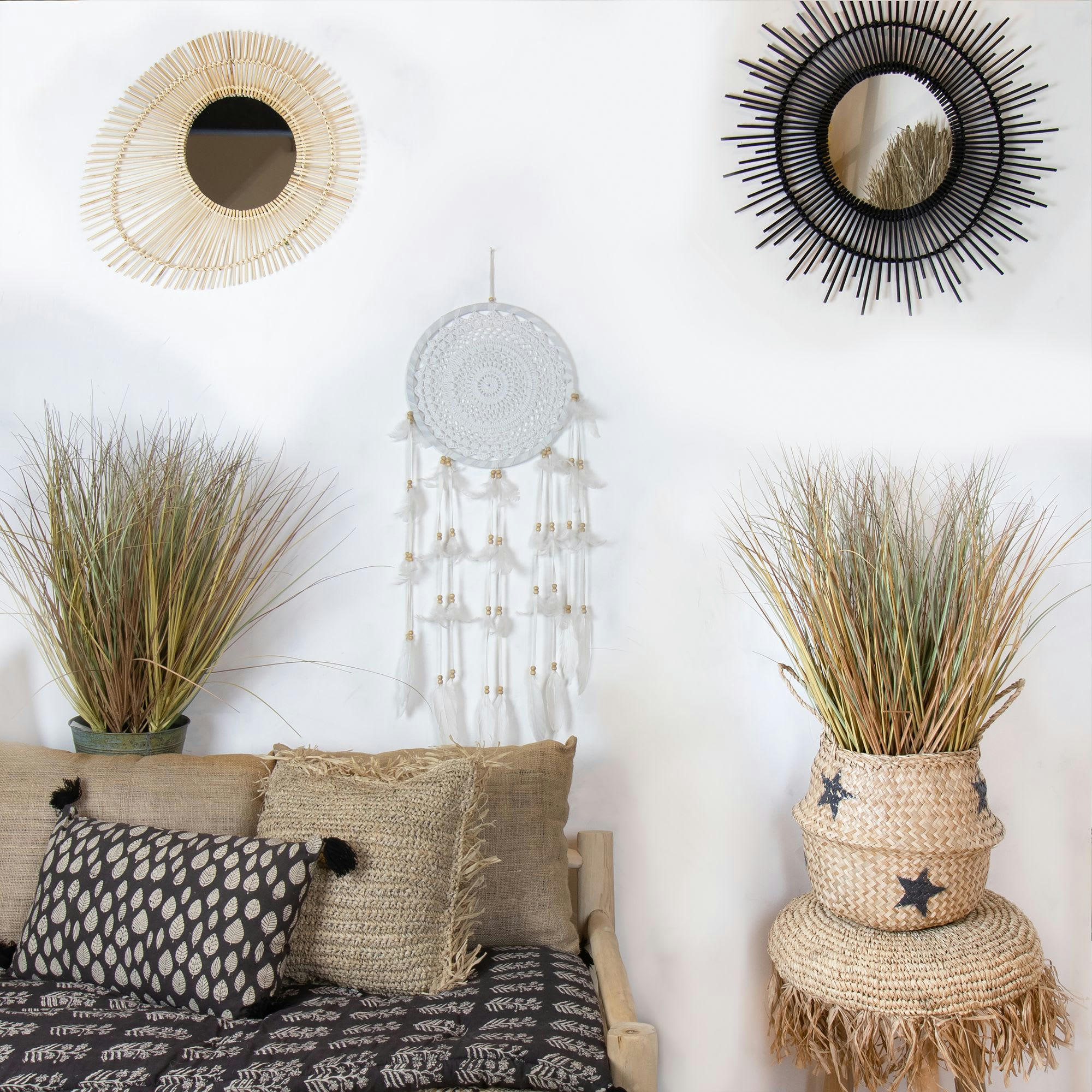 POKANA - Attrape-rêve en plumes et coton blanc Ø33cm