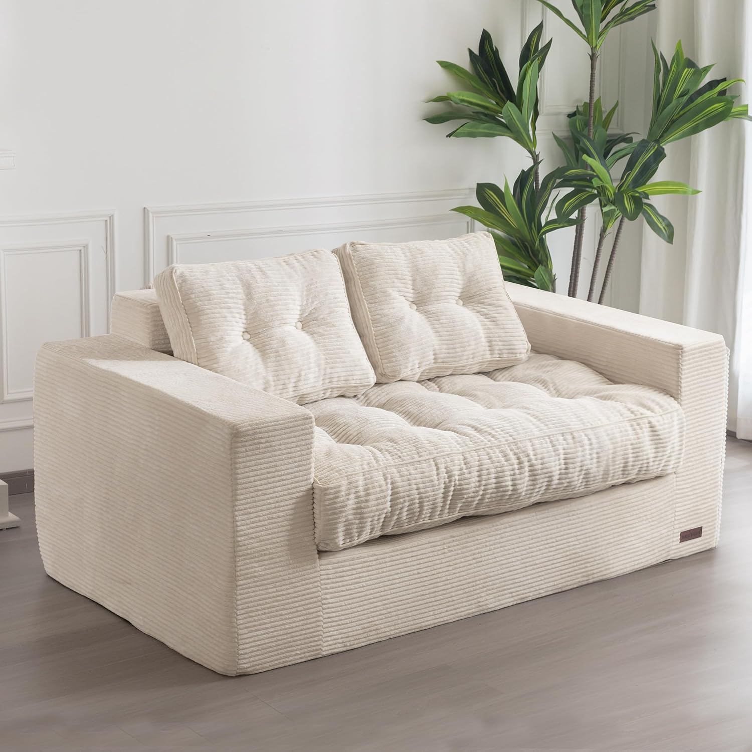 MAXYOYO Bean Bag Chair for Adults, Upholstered Floor Sofa with Armrests, Loveseat Boneless Couch with Tufted Cushion & Backrest, Sofa in A Box, Large Bean Bag Couch for Bedroom Living Room, Beige