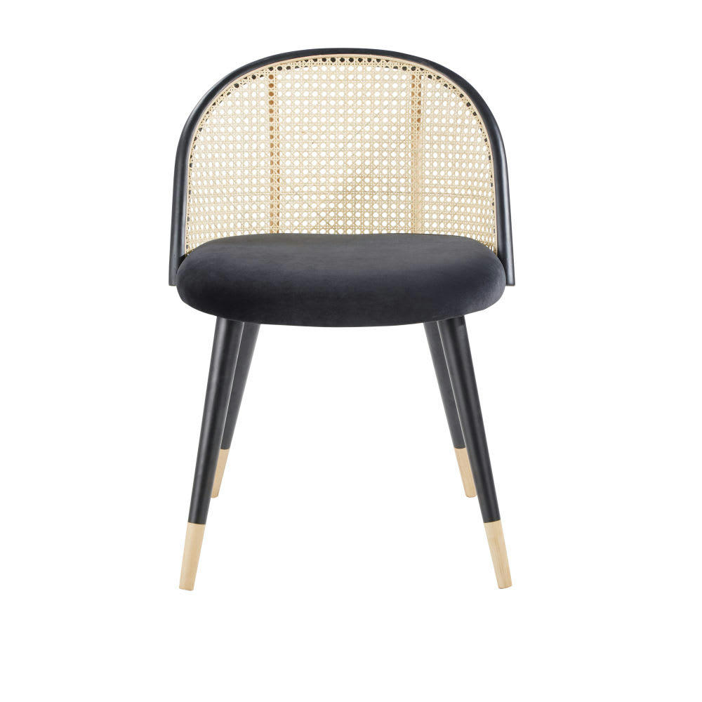 Mauricette - Chaise vintage noire cannage en rotin et bouleau massif