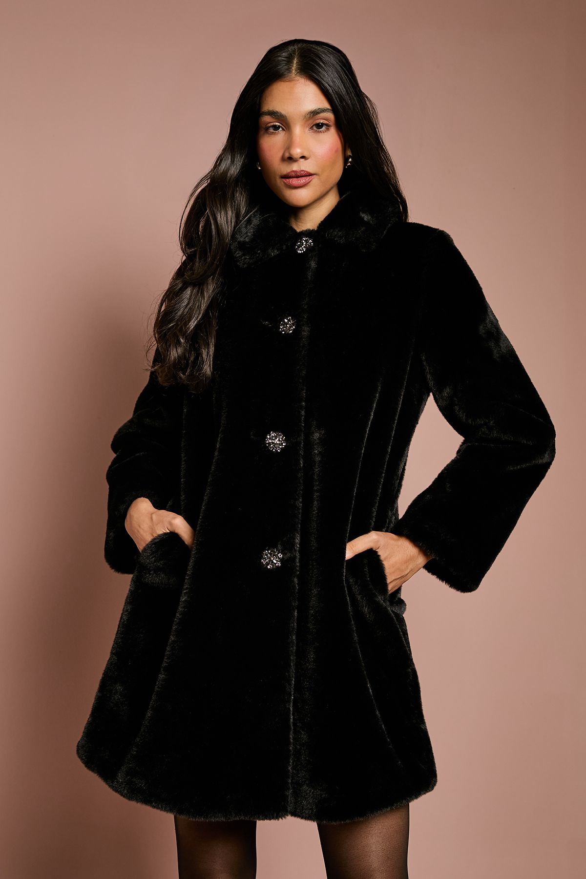 Coast Black Diamante Faux Fur Button Through Occasion Coat