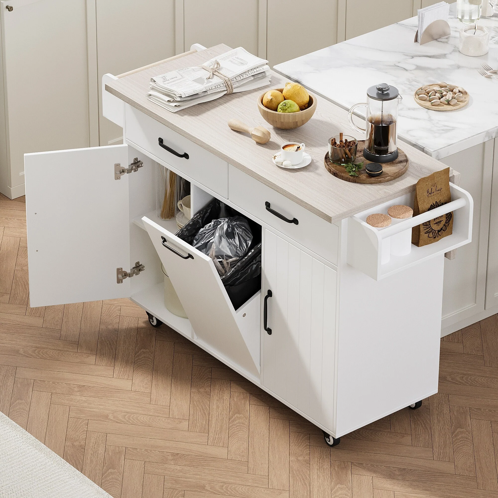 Rolling Kitchen Island with Trash Can Storage Cabinet, Kitchen Cart with Drop Leaf, Spice Rack, Towel Rack and Drawer