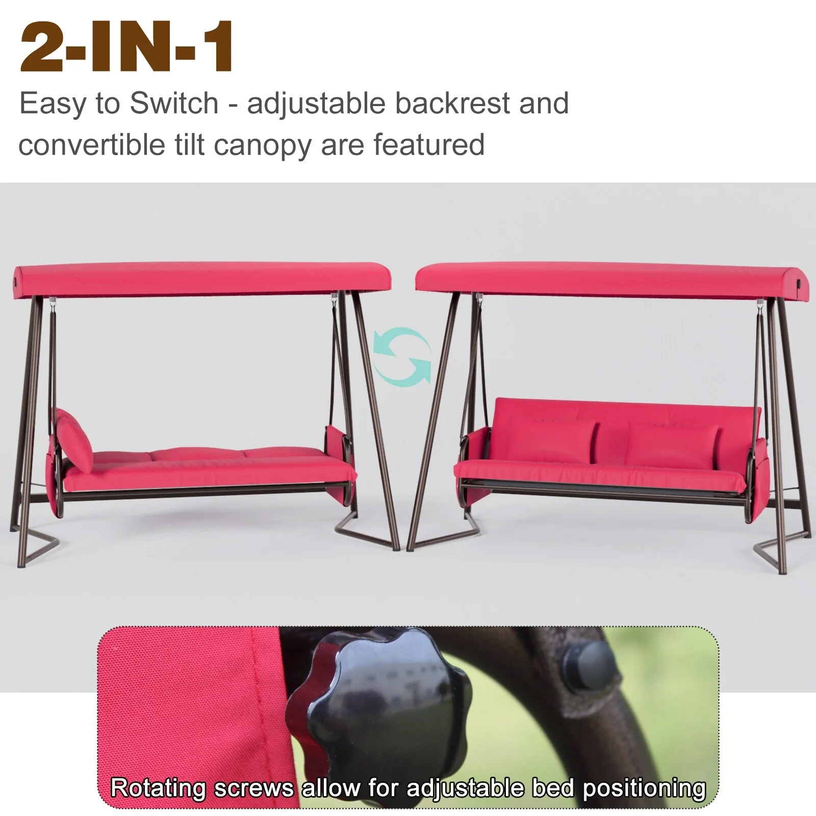 Outdoor Patio Swing Chair with Converts to Bed, Includes Weatherproof Canopy and Thick Cushion (Seats 3 Adults)