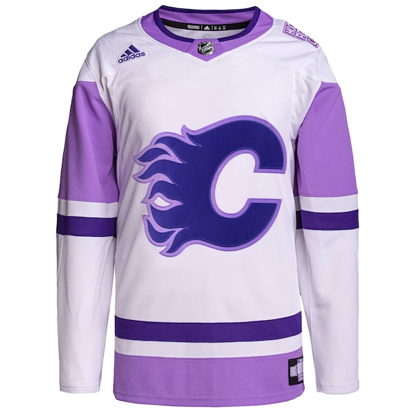 Calgary Flames adidas Hockey Fights Cancer Primegreen Authentic Custom Jersey - White/Purple