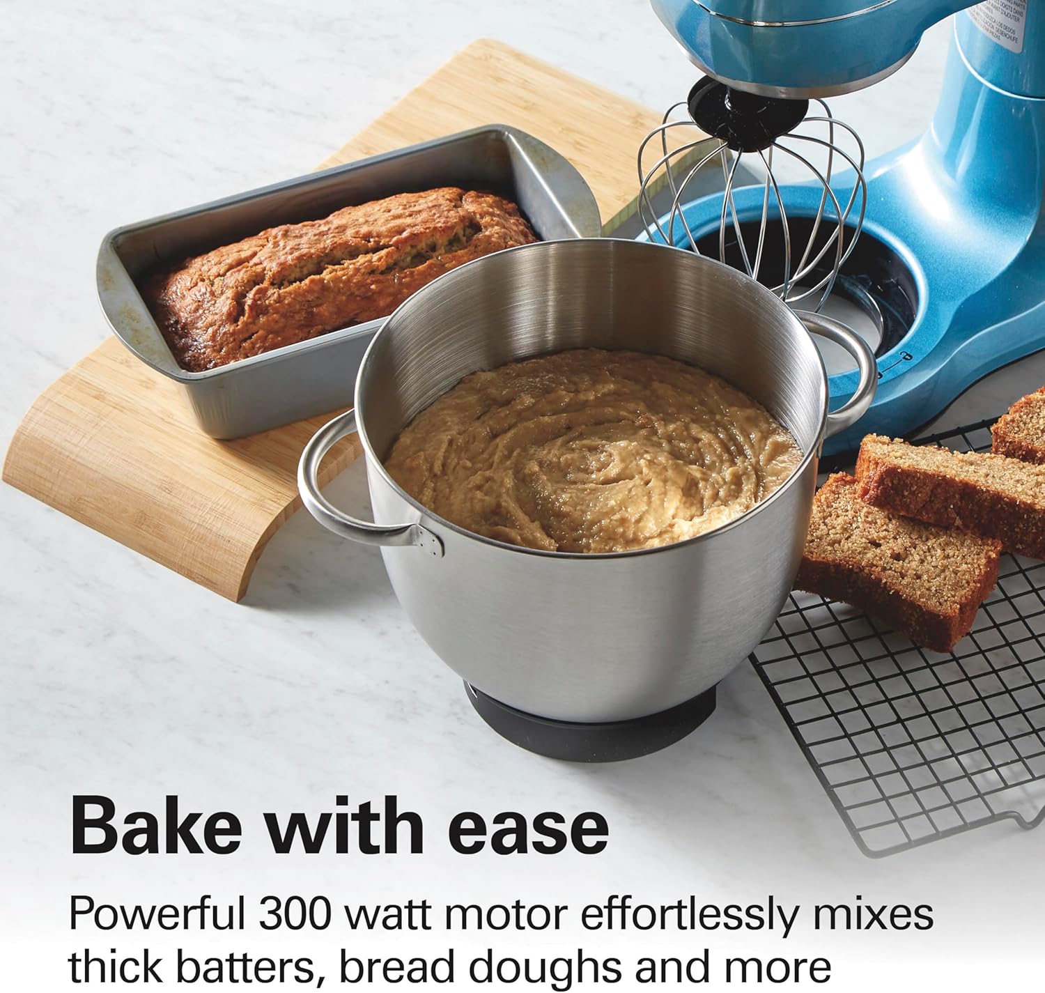 Hamilton Beach Electric Stand Mixer, 4 Quarts, Dough Hook, Flat Beater Attachments, Splash Guard, 7 Speeds with Whisk, Easy-Carry Top Handle, Blue