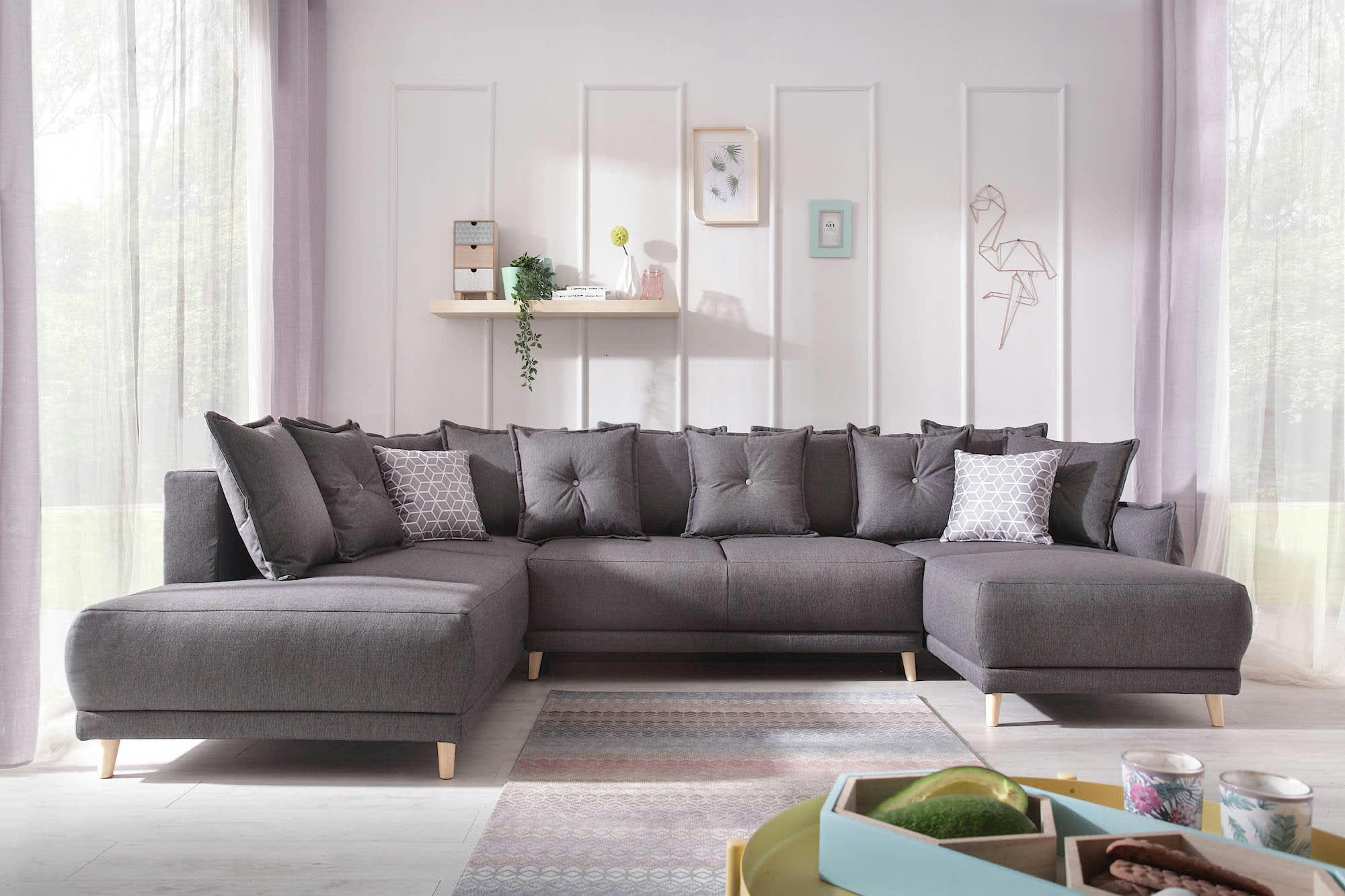 LENA - Canapé panoramique 7 places angle gauche en tissu gris foncé