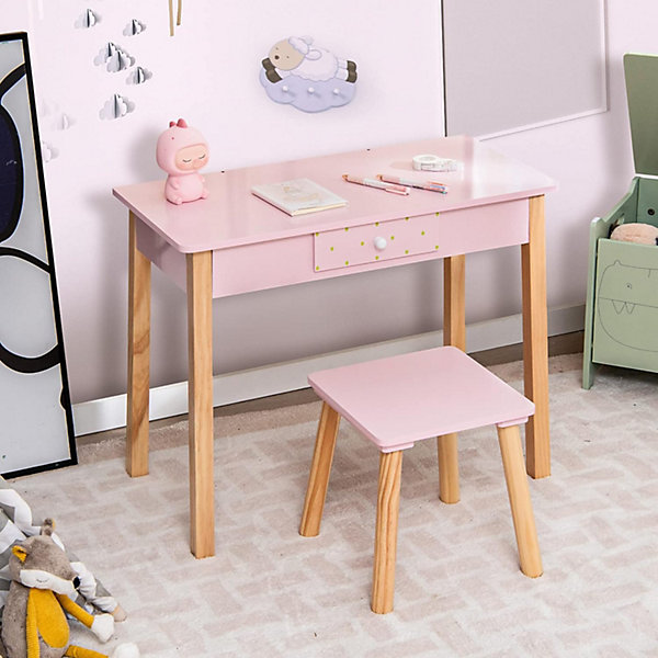 Coiffeuse Ensemble Coiffeuse et Chaise avec Miroir en Forme de Fraise Détachable Table de Maquillage avec Coins Arrondis