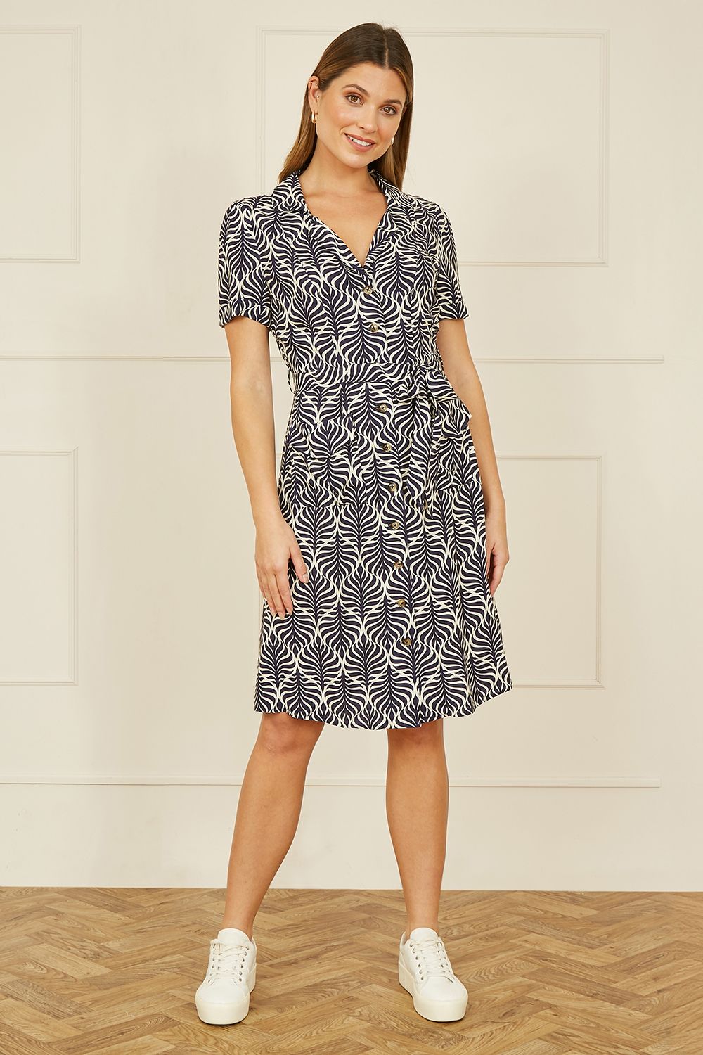 Yumi Yumi Navy Leaf Print Retro Shirt Dress
