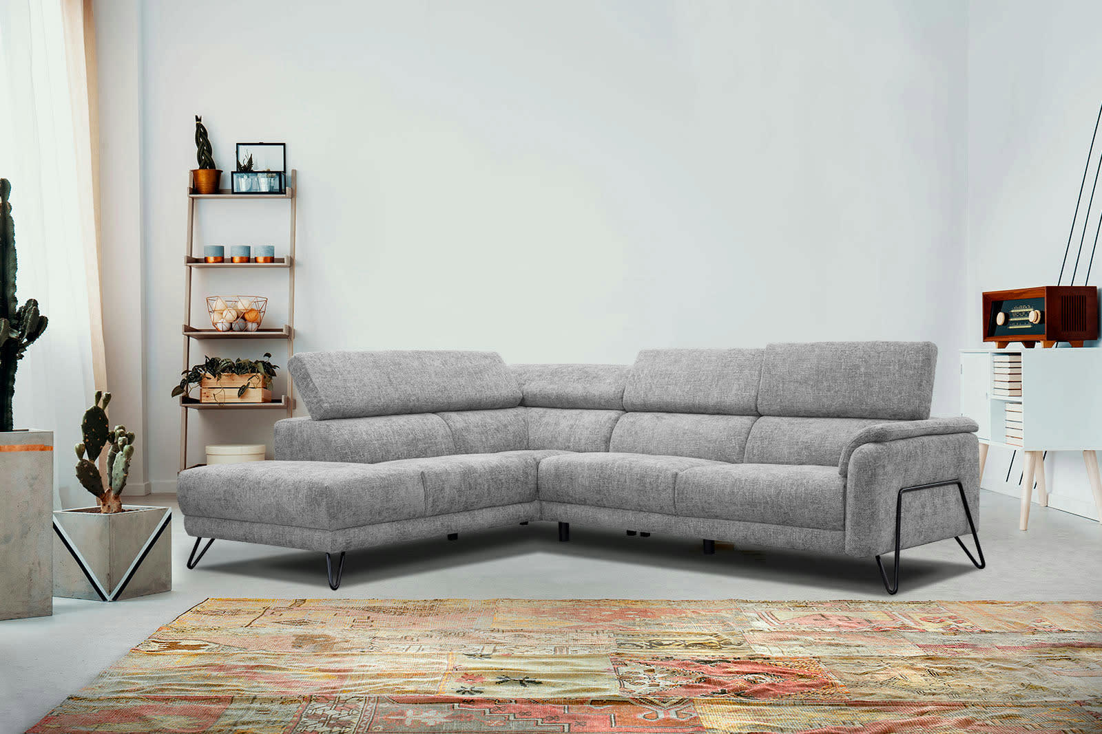 RODEN - Canapé d'angle gauche 5 places tissu gris